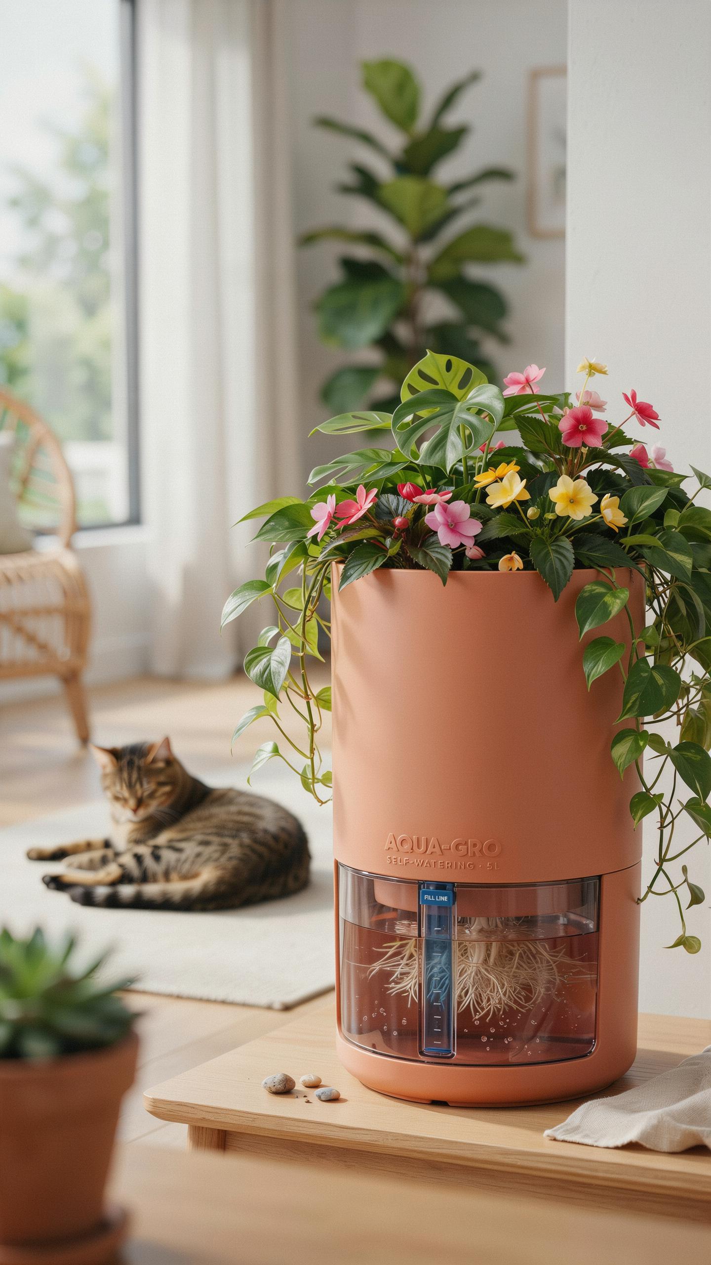 A self-watering terra cotta planter with vibrant red, pink, and yellow flowers, and trailing green vines, sits on a wooden surface in a brightly lit r