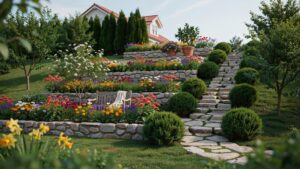 A beautiful terraced garden with stone retaining walls, colorful flowers, lush green shrubs, and a stone staircase leading up to a house with a red ro