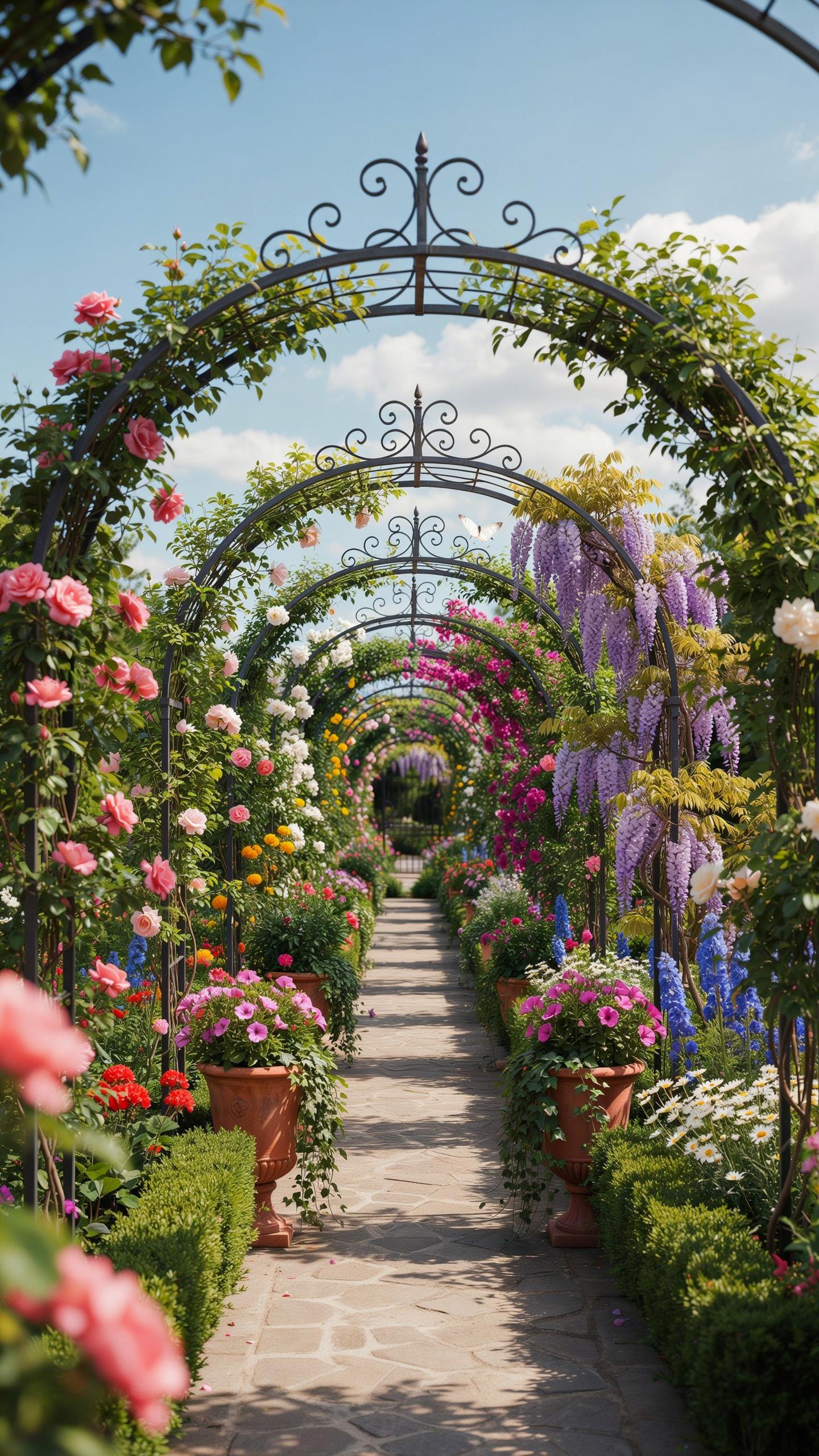 A long garden path is covered by a series of ornate black metal archways, each heavily adorned with climbing roses in various colors, wisteria, and ot