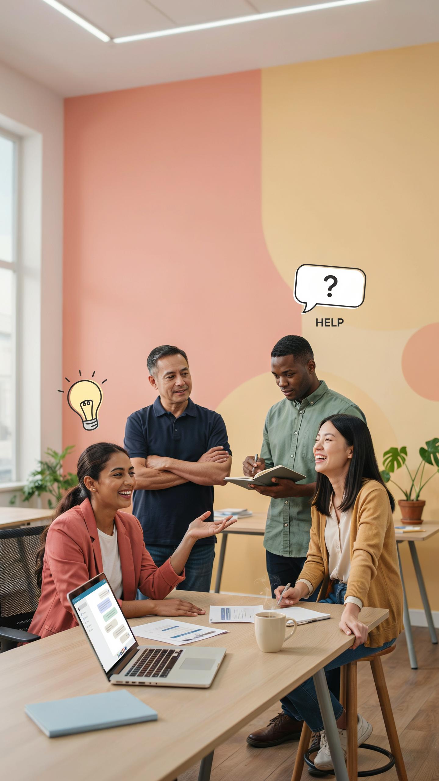 Four diverse professionals, two women and two men, collaborate around a light wooden table in a modern, brightly lit office space with peach and yello