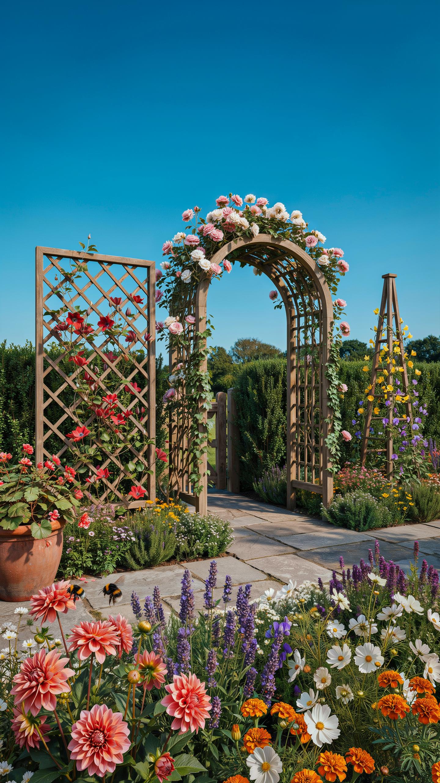 A vibrant garden path leads through an ornate wooden archway covered in climbing pink and white roses, flanked by a wooden trellis with red flowering