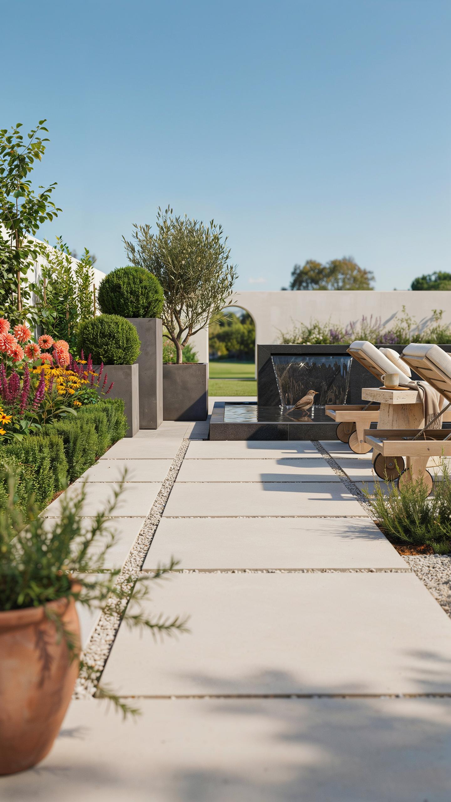 A modern outdoor living space features a light-colored concrete pathway lined with lush green plants and colorful flowers, leading to a water feature