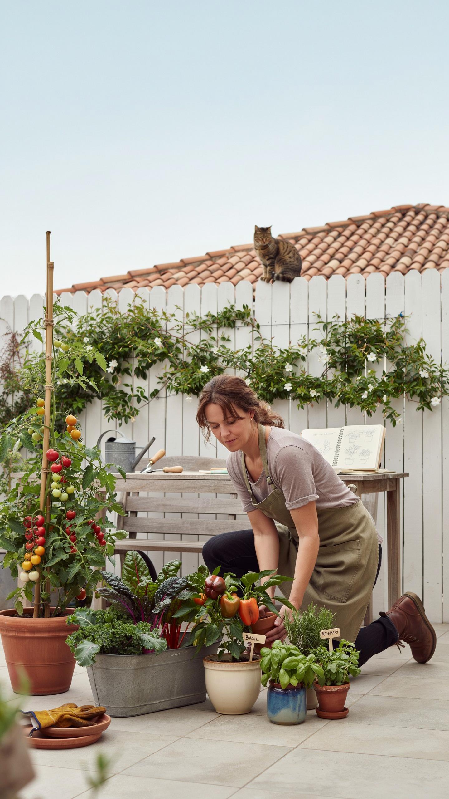 A young woman with brown hair, wearing an apron, kneels on a light-colored patio, tending to various potted plants, including tomato plants, herbs, an