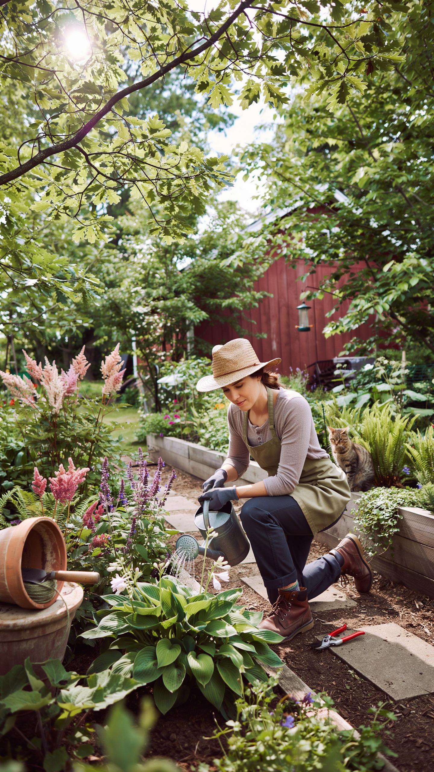 A woman in a straw hat and green apron kneels in a lush garden, watering plants with a gray watering can. Sunlight filters through the leafy trees abo