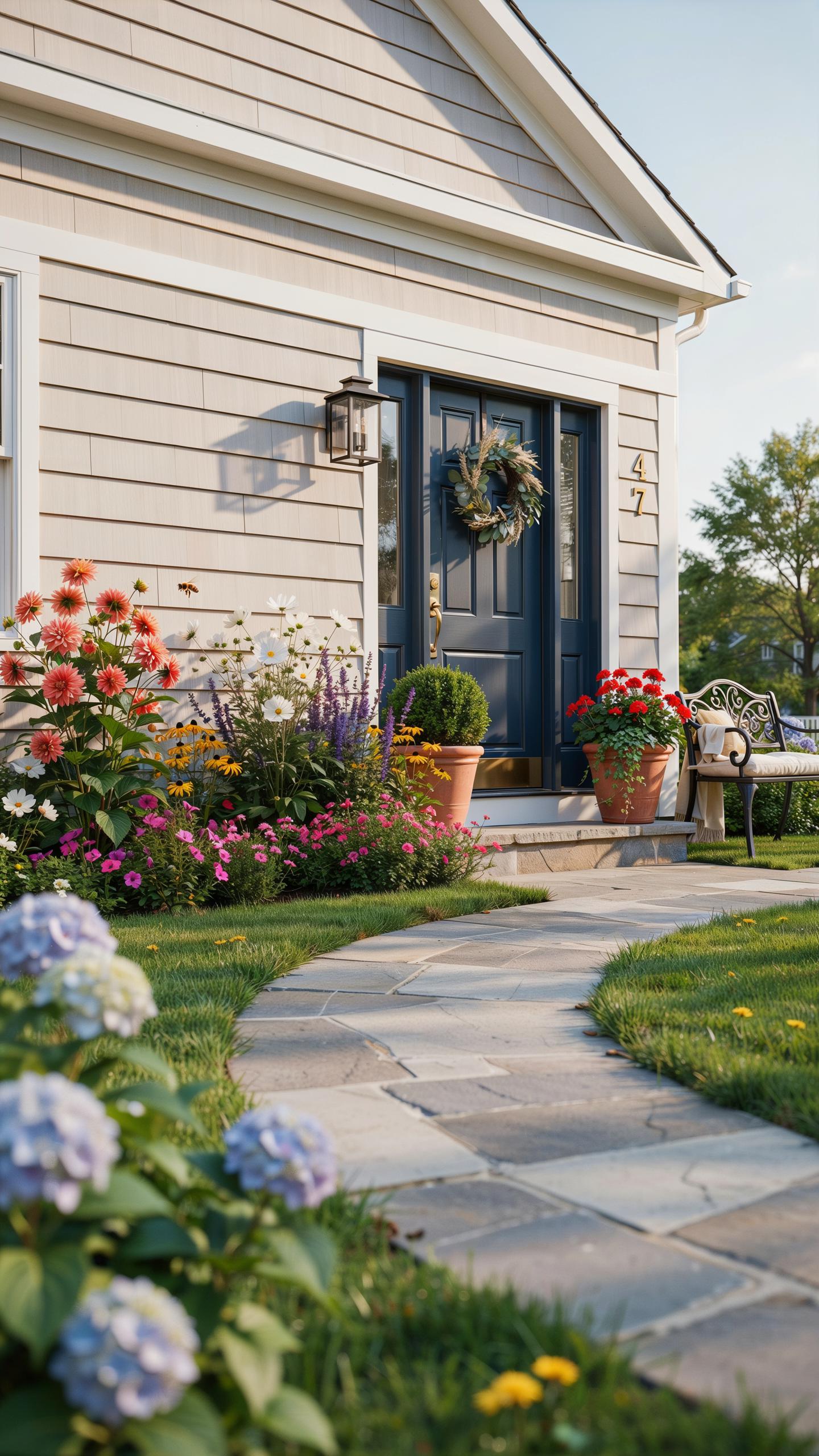 A charming home entrance features light gray siding, a dark blue front door with a circular green wreath, and vibrant flower beds on either side, all