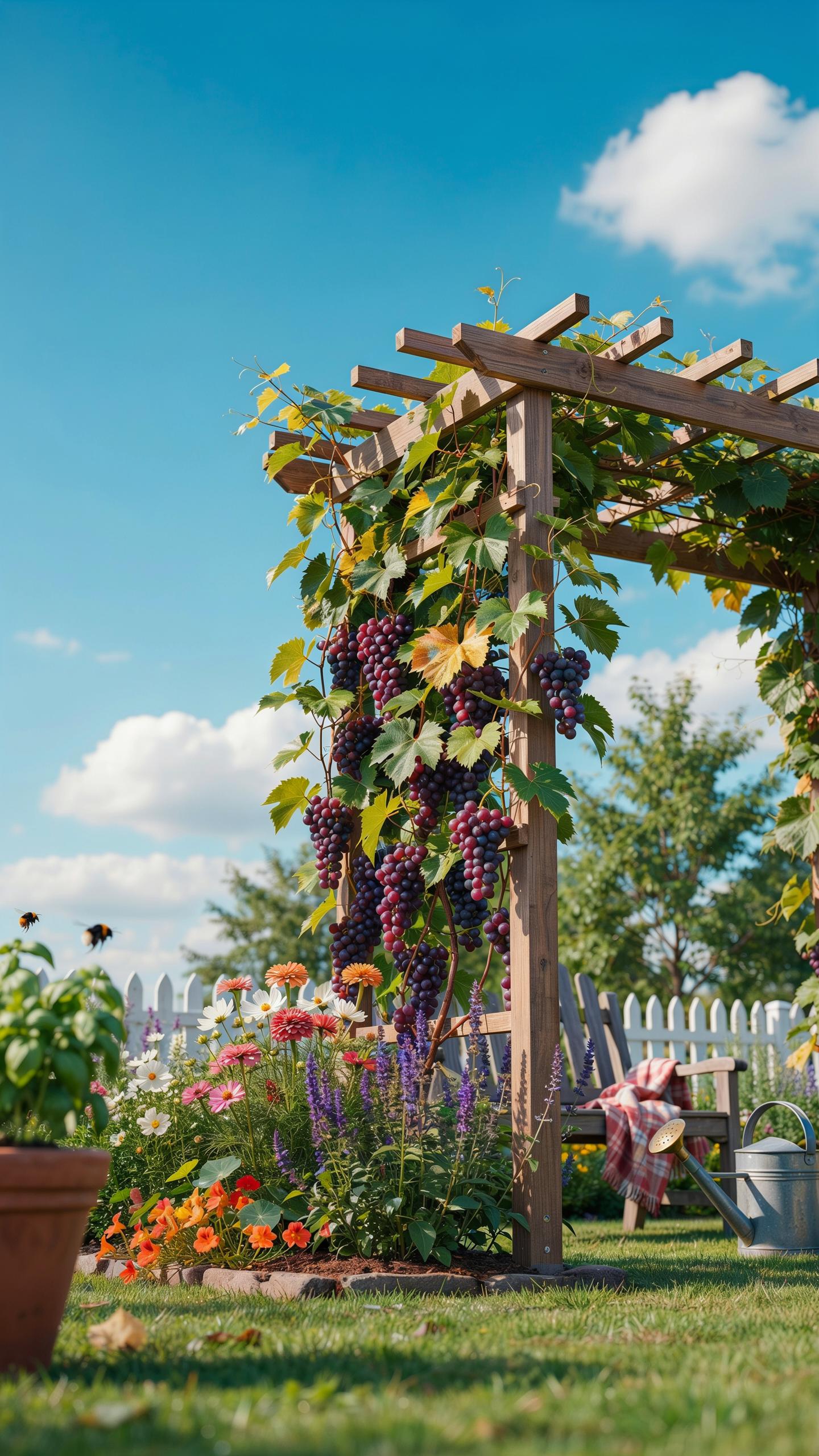 A vibrant summer garden features a wooden arbor laden with ripe purple grapes and green foliage, surrounded by colorful flowers and a grassy lawn, und