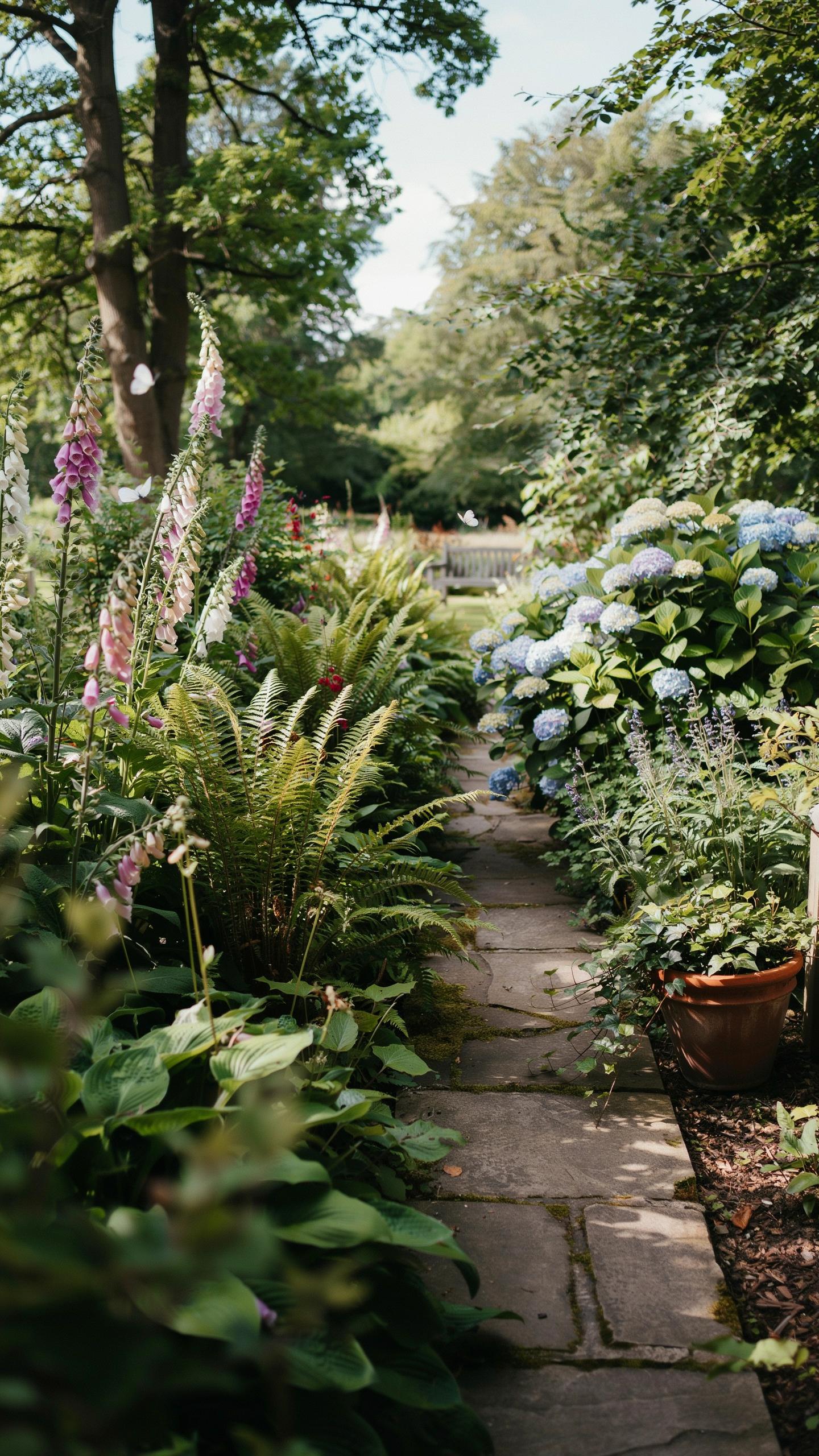 A narrow, stone-paved pathway winds uphill through a lush garden filled with green ferns, hostas, purple foxgloves, and light blue hydrangeas under a