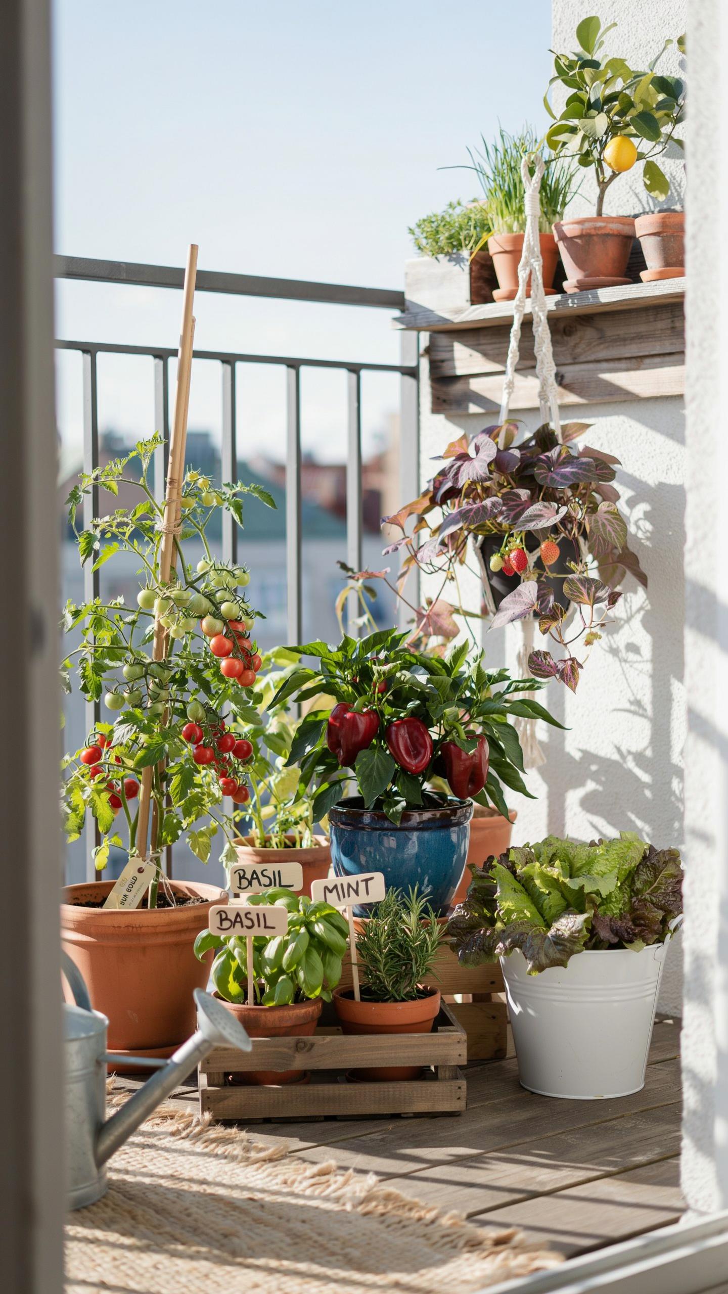 A vibrant balcony garden is shown with various potted plants, including a tall tomato plant laden with red cherry tomatoes, a pepper plant with ripeni