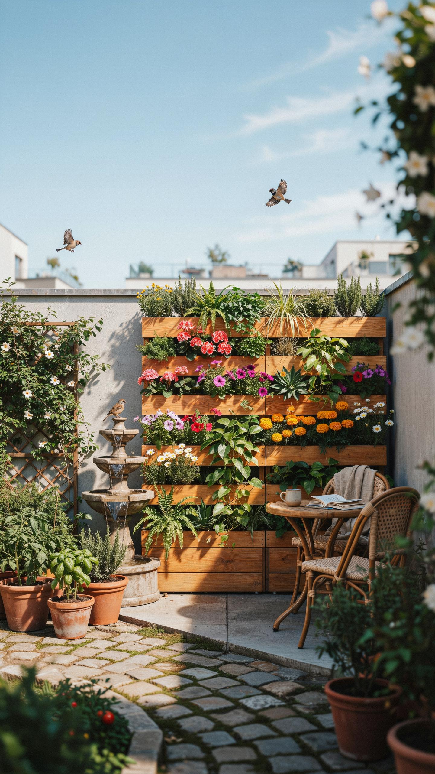 A charming small patio features a large vertical garden wall brimming with colorful flowers and green plants, a two-tiered stone fountain, and a small