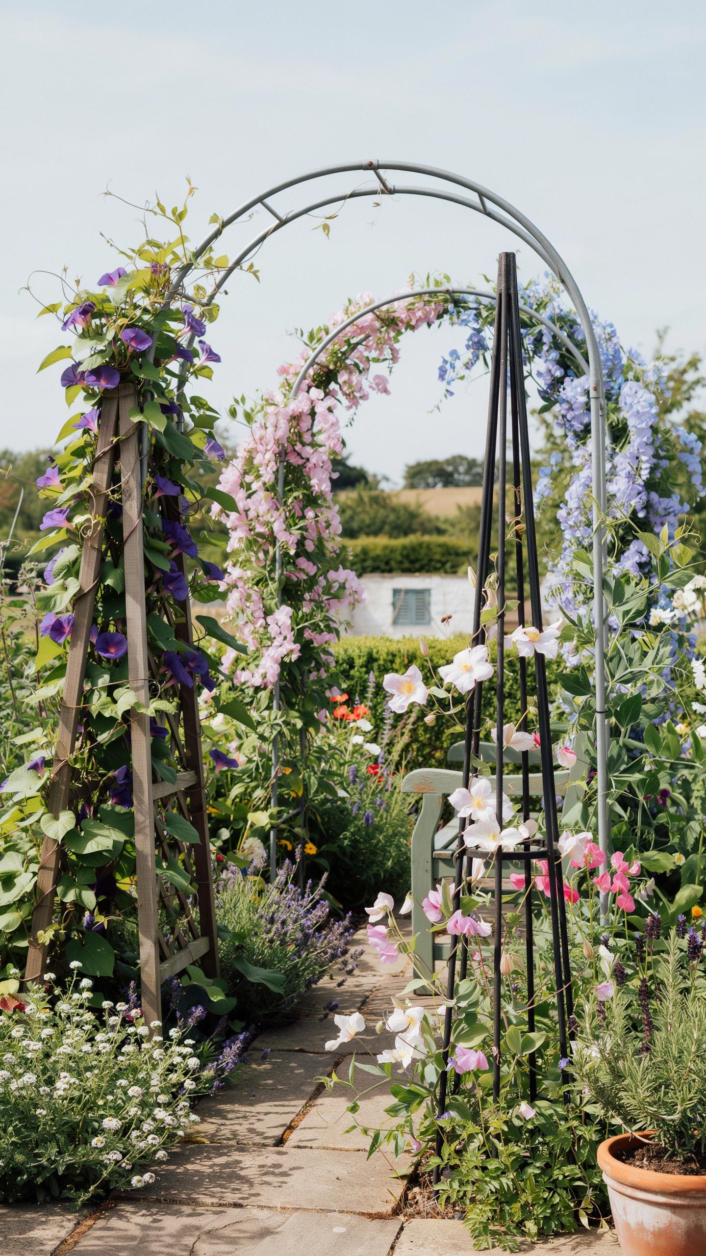 A narrow stone path leads through a lush, colorful cottage garden, passing under a metal archway covered in purple and pink climbing flowers, with a t
