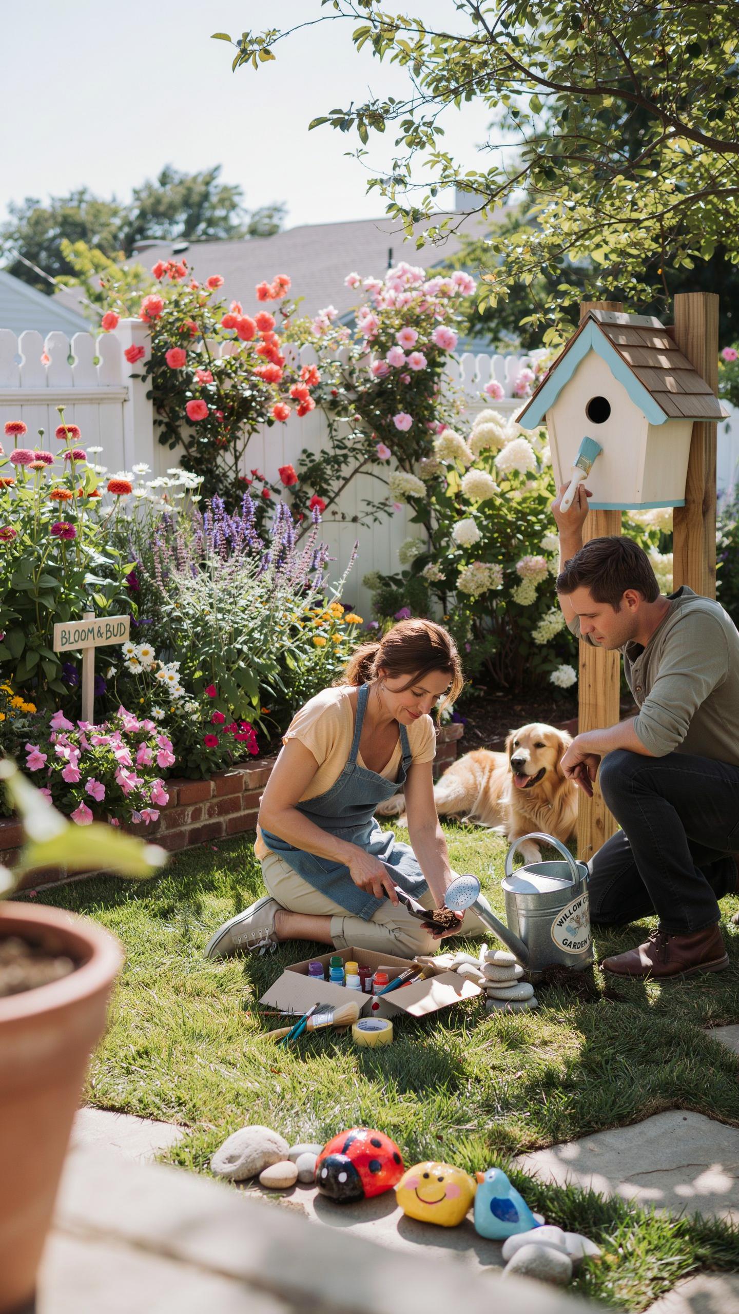 A man and a woman are crouched in a vibrant, sunlit backyard garden, painting small rocks, with a golden retriever dog resting beside them and a birdh