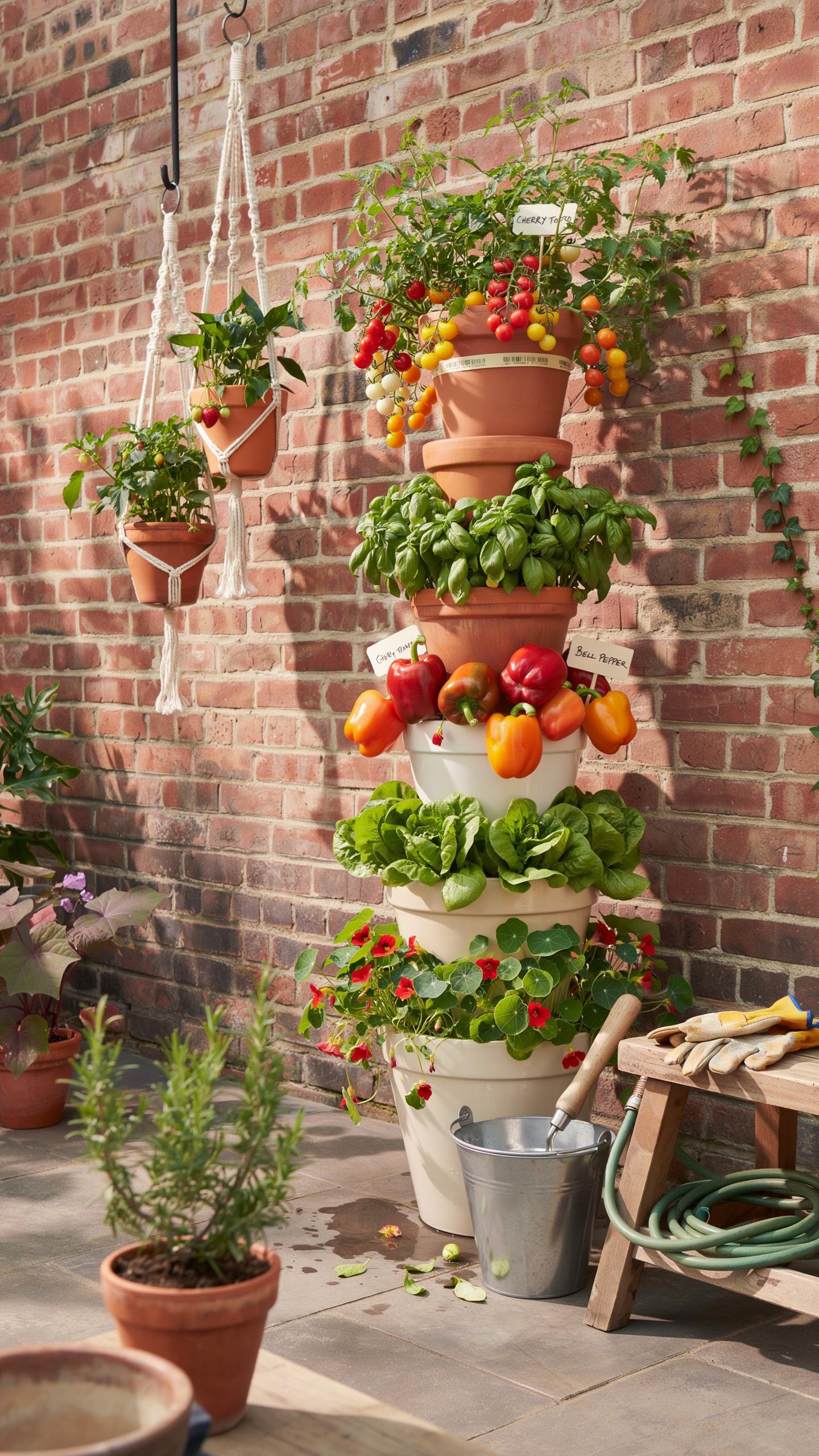 A vibrant vertical garden stands against a rustic brick wall, featuring stacked planters filled with various fresh produce and herbs, alongside hangin