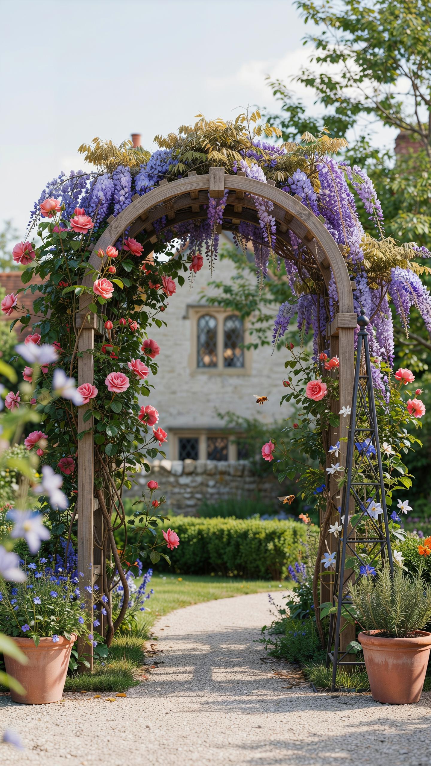 A rustic wooden archway, adorned with vibrant pink roses and drooping purple wisteria, frames a winding path leading to a stone house with leaded wind