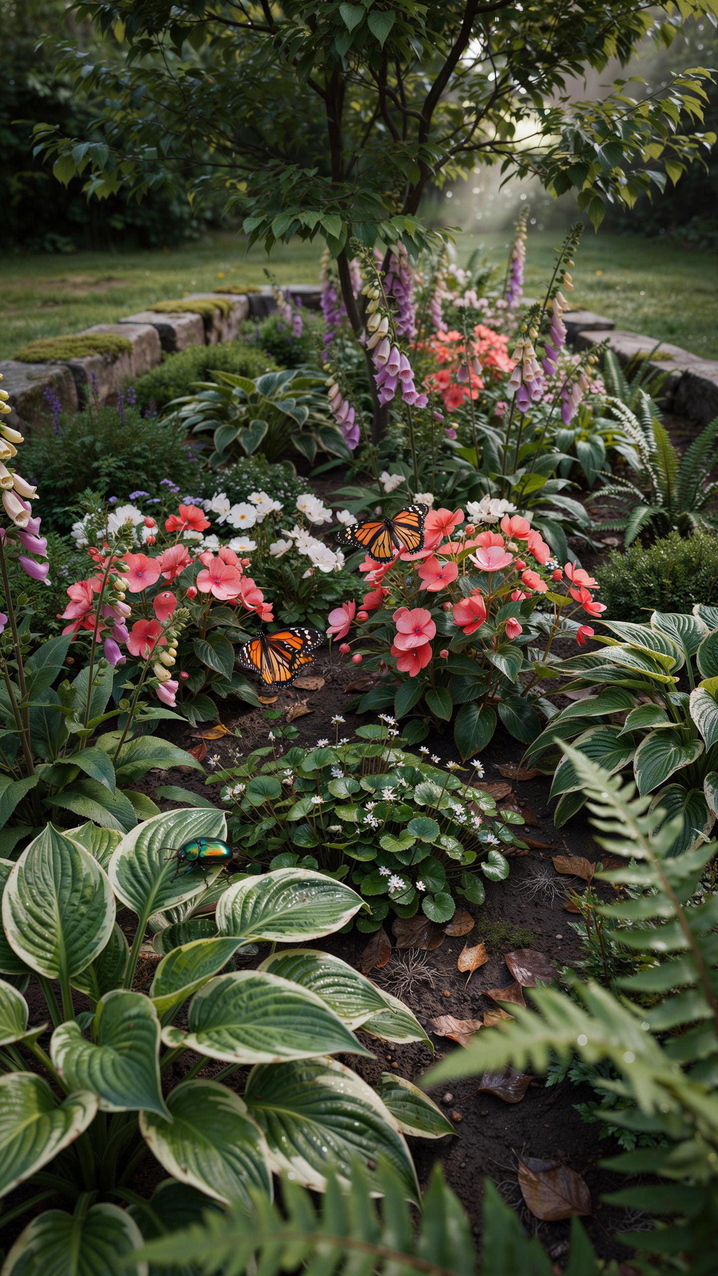 A vibrant garden bed is filled with various green plants, including hostas and ferns, alongside clusters of pink, orange, and white impatiens, with a
