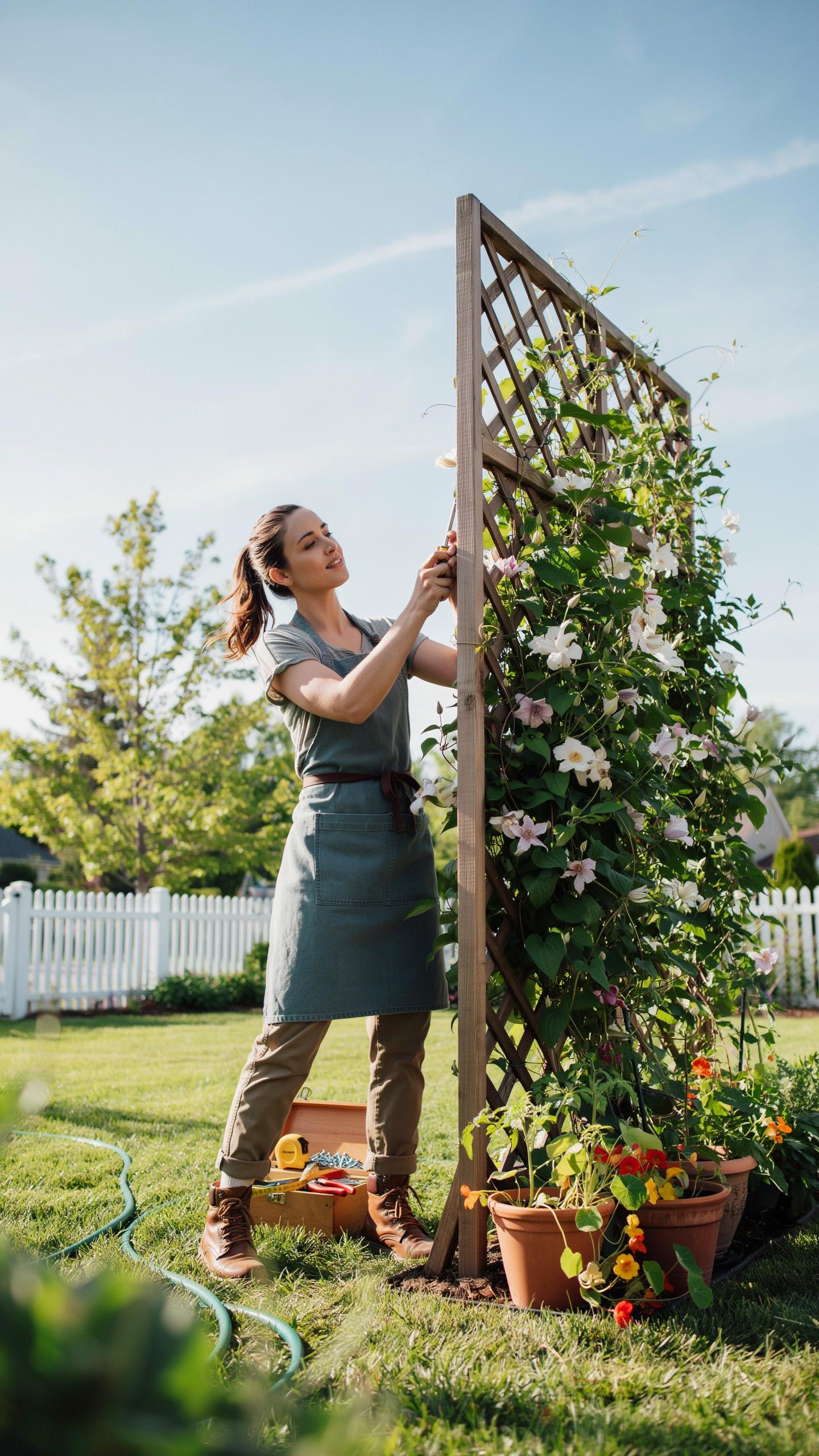 A woman with brown hair tied in a ponytail, wearing a gray apron and brown pants, tends to a climbing plant on a tall wooden trellis in a sunny backya