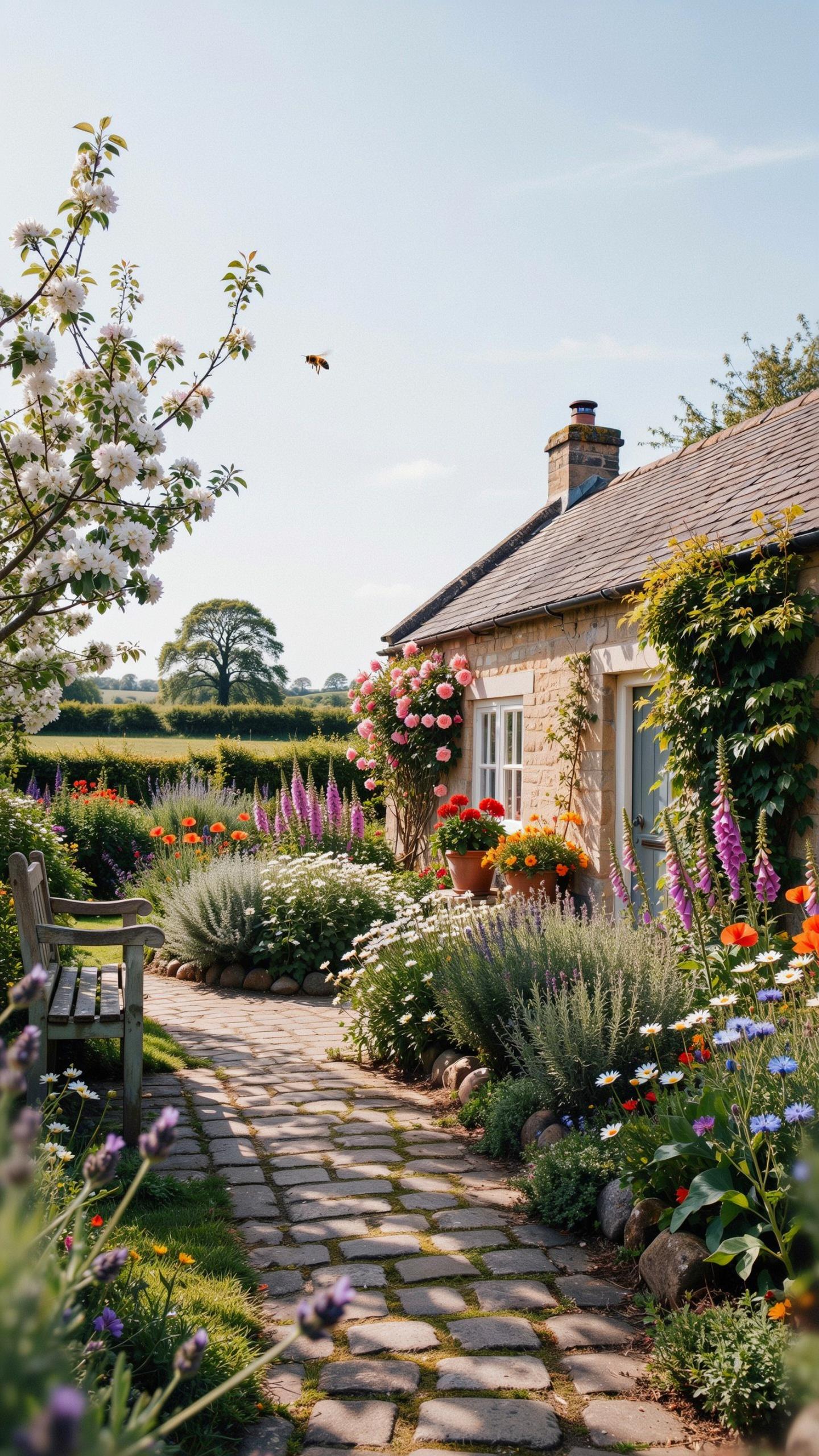 A stone cottage with a blooming rose bush beside the door, seen from a paved garden path lined with vibrant flowers and green foliage, under a bright