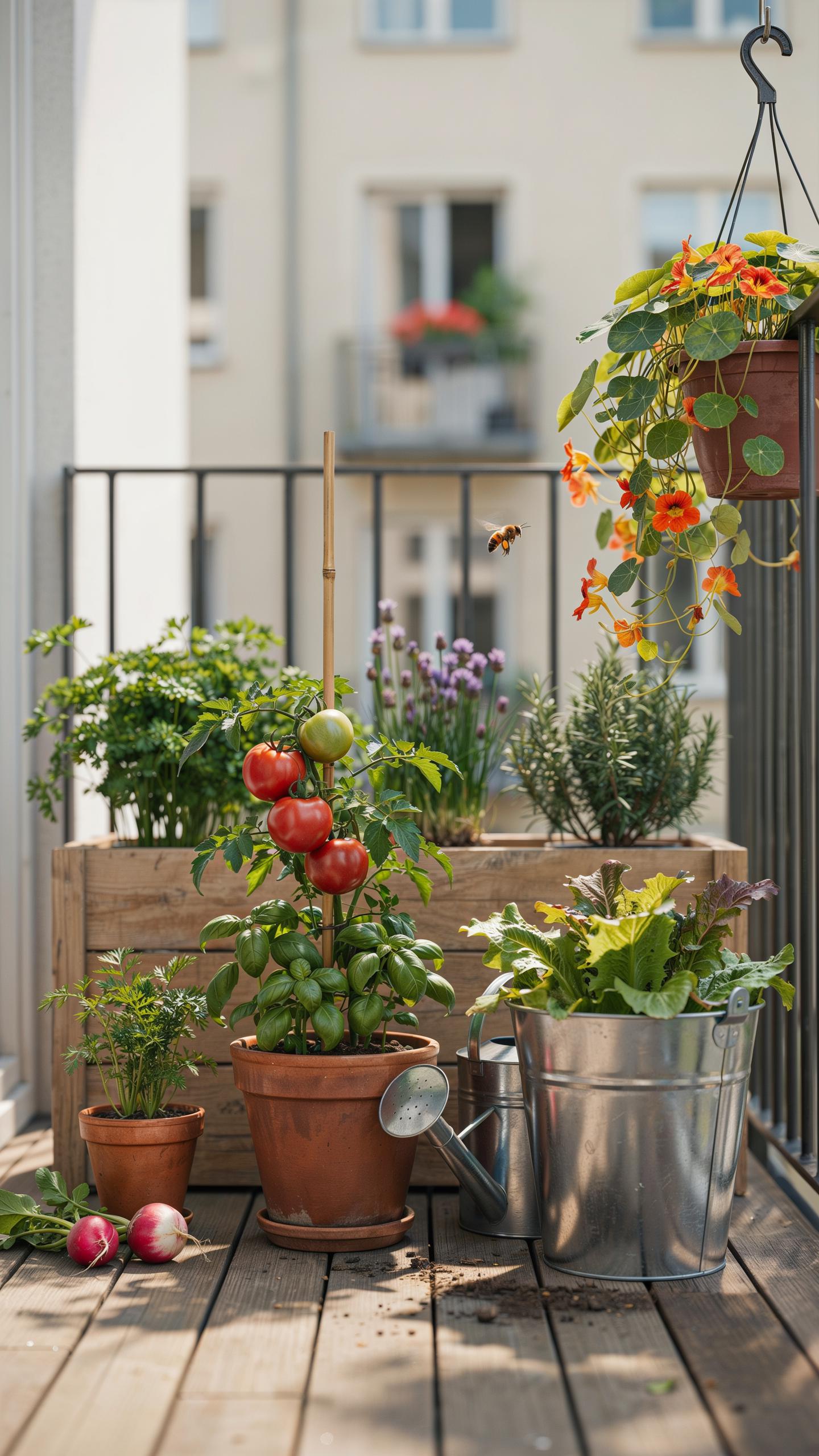 A vibrant balcony garden features an array of potted plants, including tomatoes, herbs, and leafy greens, arranged on a wooden crate and the balcony f