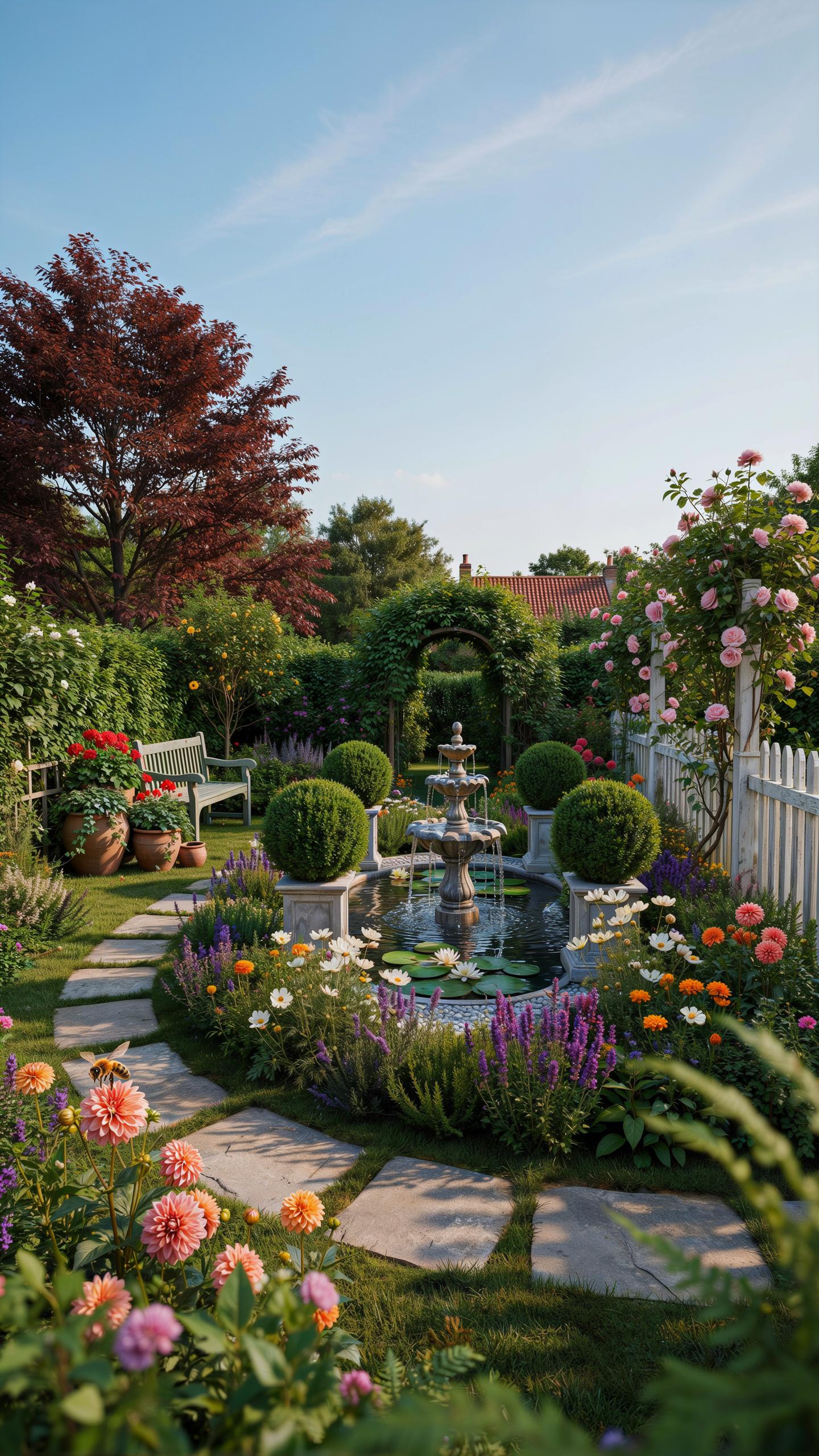 A beautiful, manicured garden features a central tiered fountain surrounded by topiary spheres and blooming flowers in various colors, with stone step