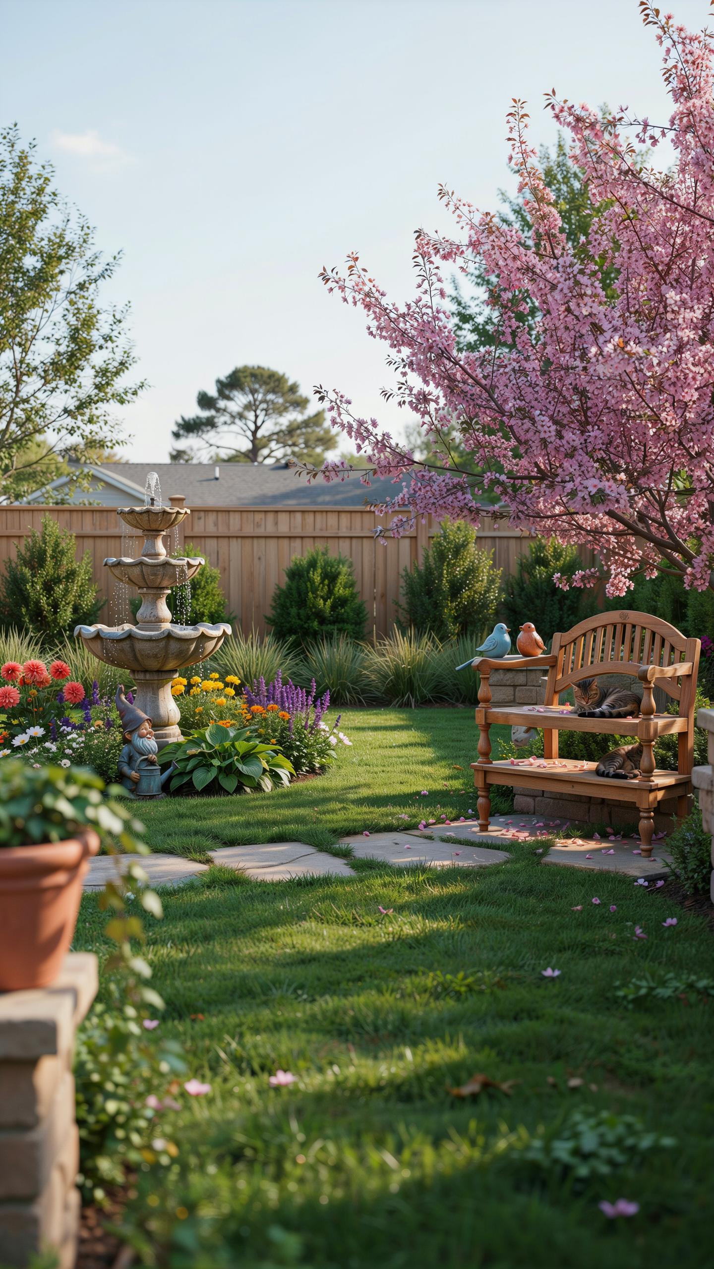 A lush, sunlit backyard features a multi-tiered stone fountain surrounded by colorful flowers, a manicured green lawn with stepping stones, a wooden s