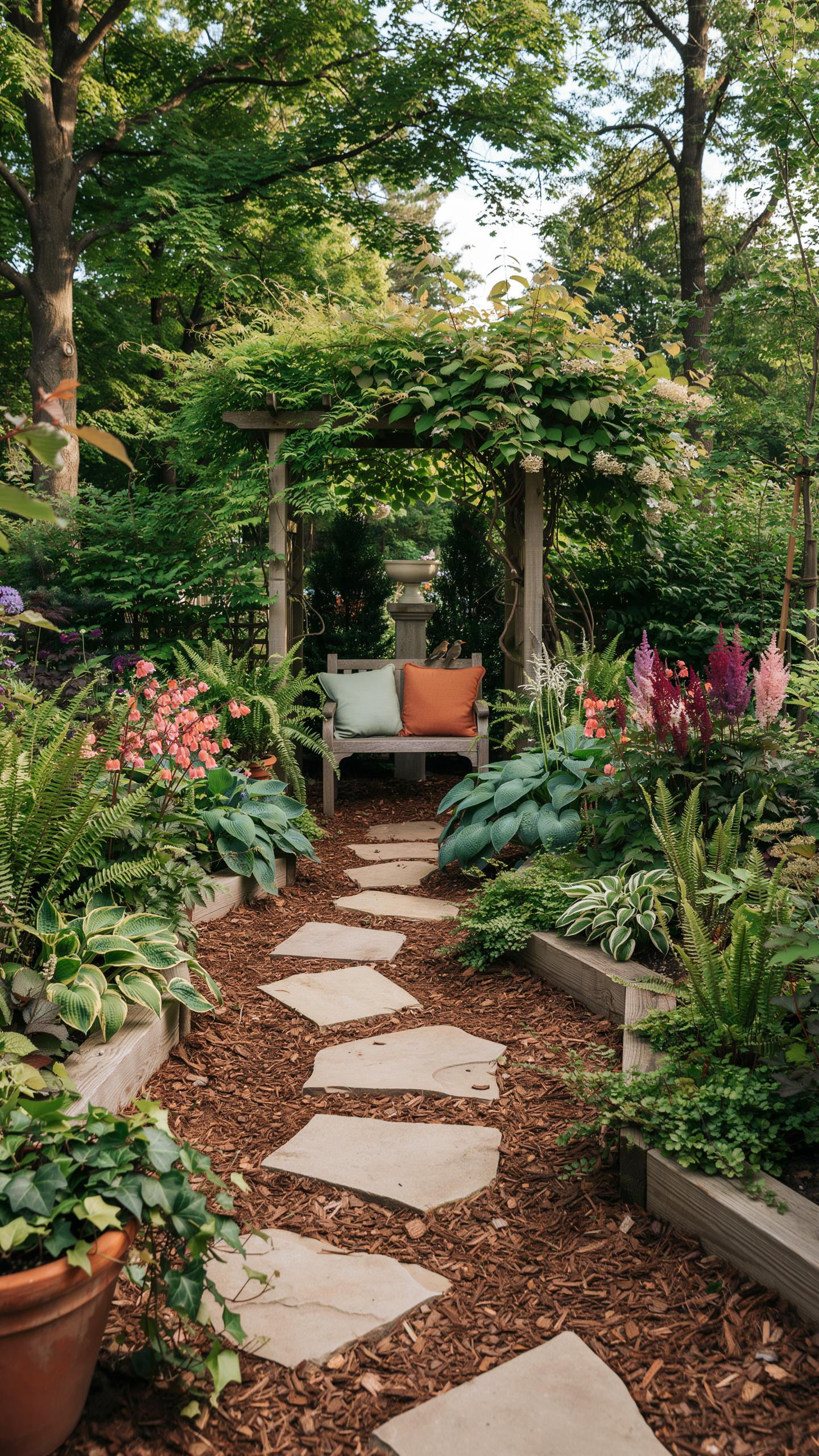 A stone pathway, made of irregular light-colored stepping stones, leads through a lush green garden towards a wooden pergola with a bench underneath,