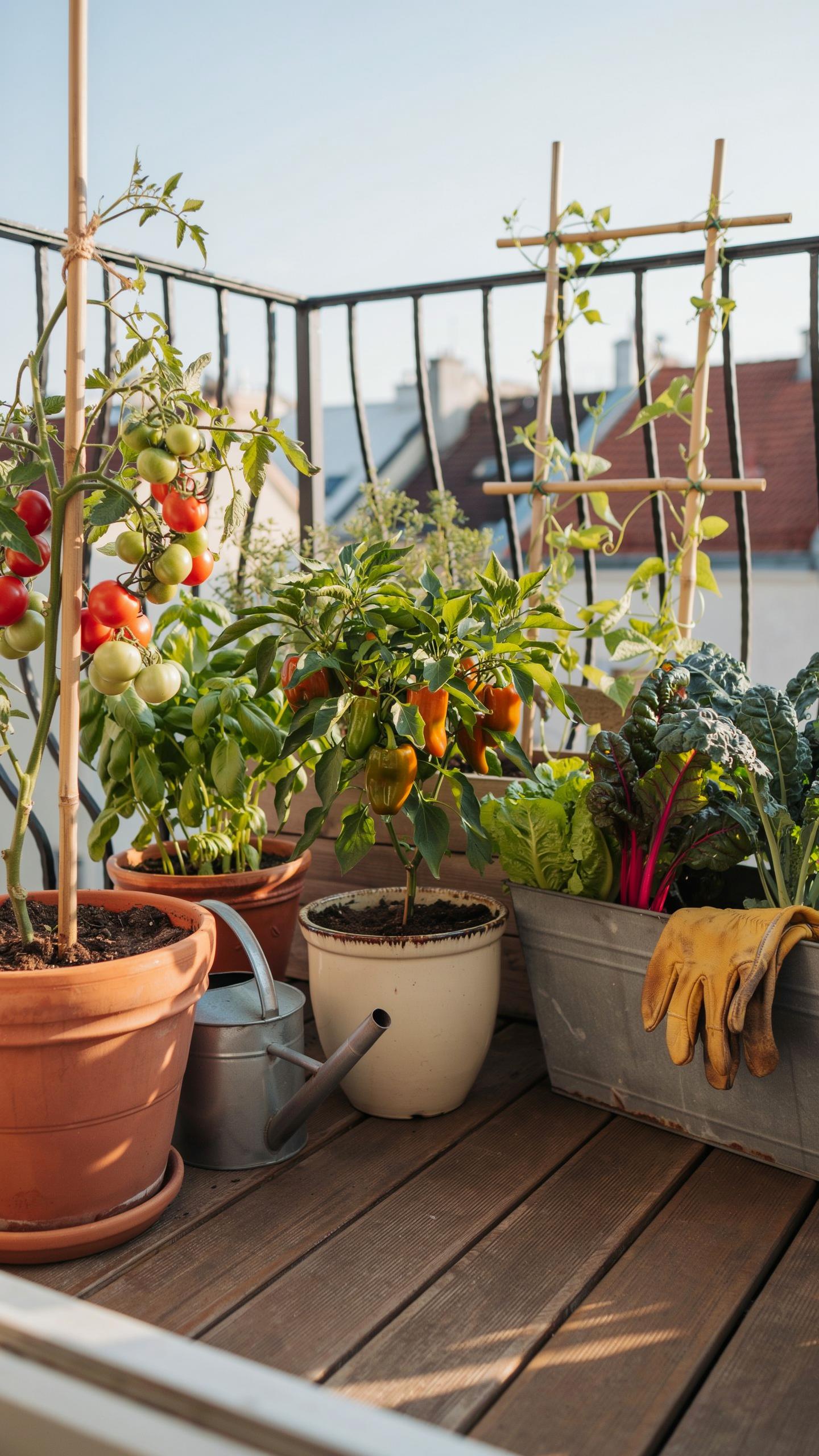 A vibrant balcony garden is shown with various plants in terracotta and white pots, including tomato plants with red and green fruits, a pepper plant,