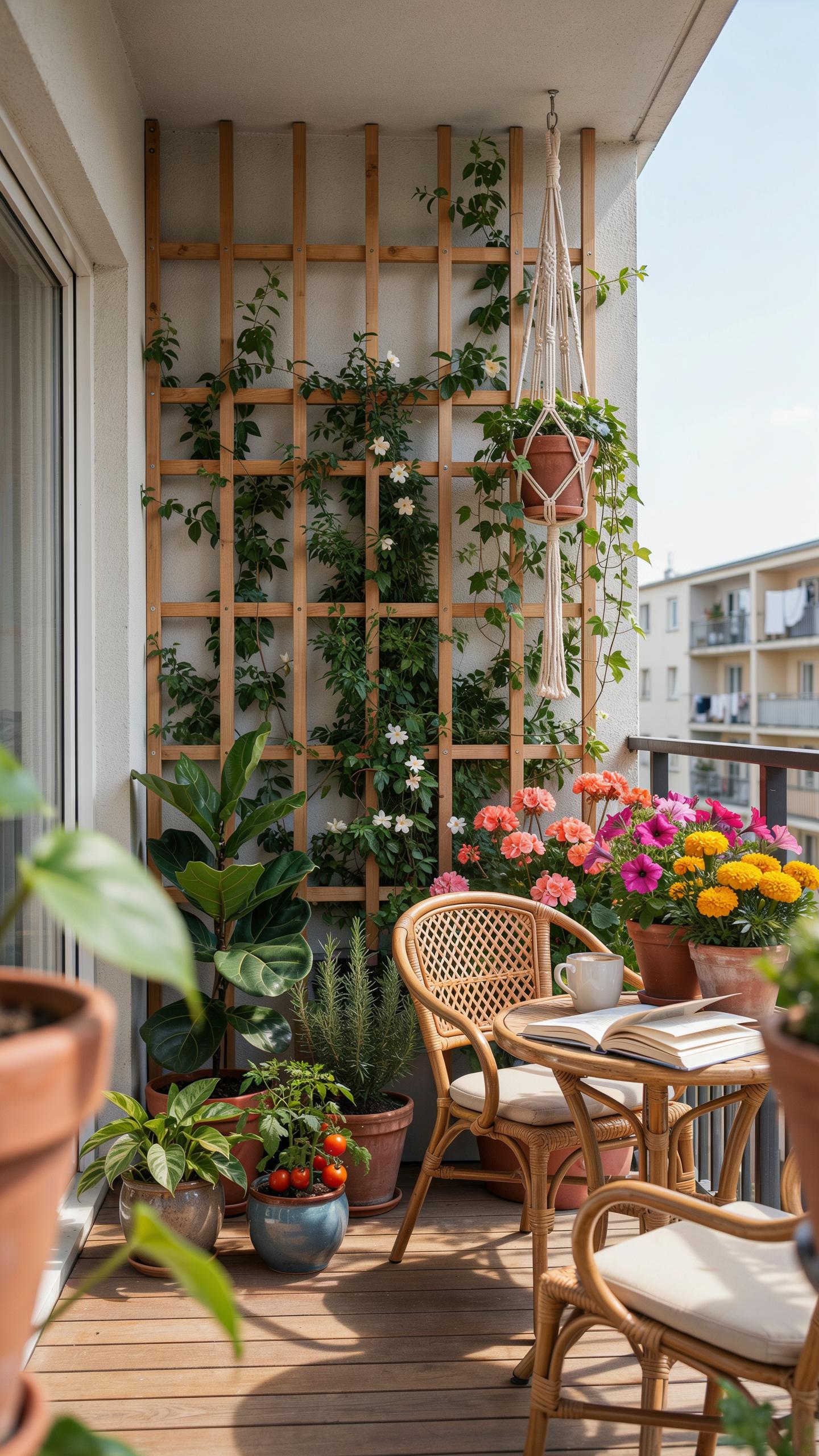 A cozy and lush apartment balcony features a small rattan table and two chairs, surrounded by potted plants, with a wooden trellis covered in climbing