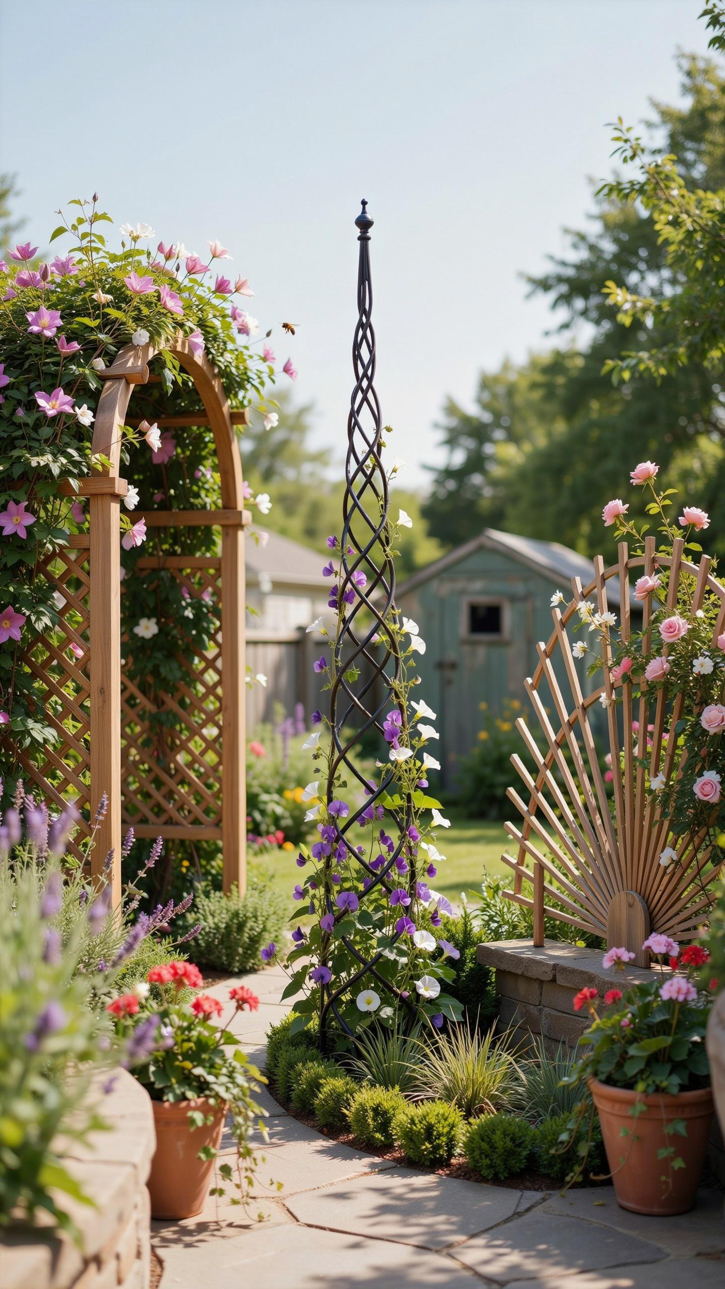 A lush, sunlit garden features a stone path leading through various plants and structures. On the left, a wooden arch trellis is covered in pink climb