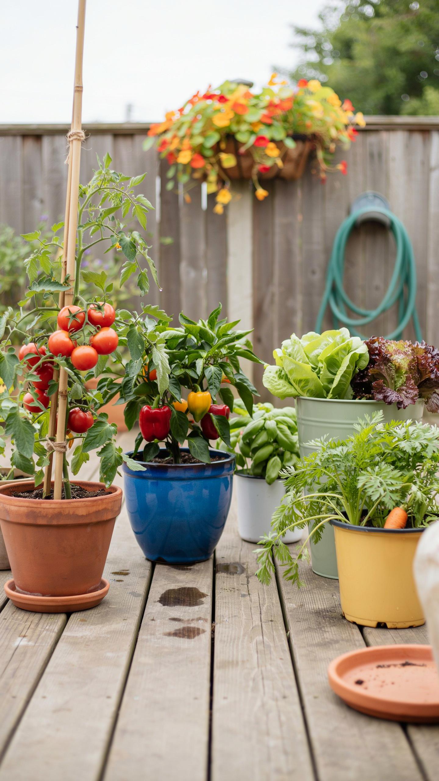 A vibrant collection of potted vegetables and herbs, including a tomato plant with red fruit, bell pepper plants, lettuce, carrots, and basil, are arr