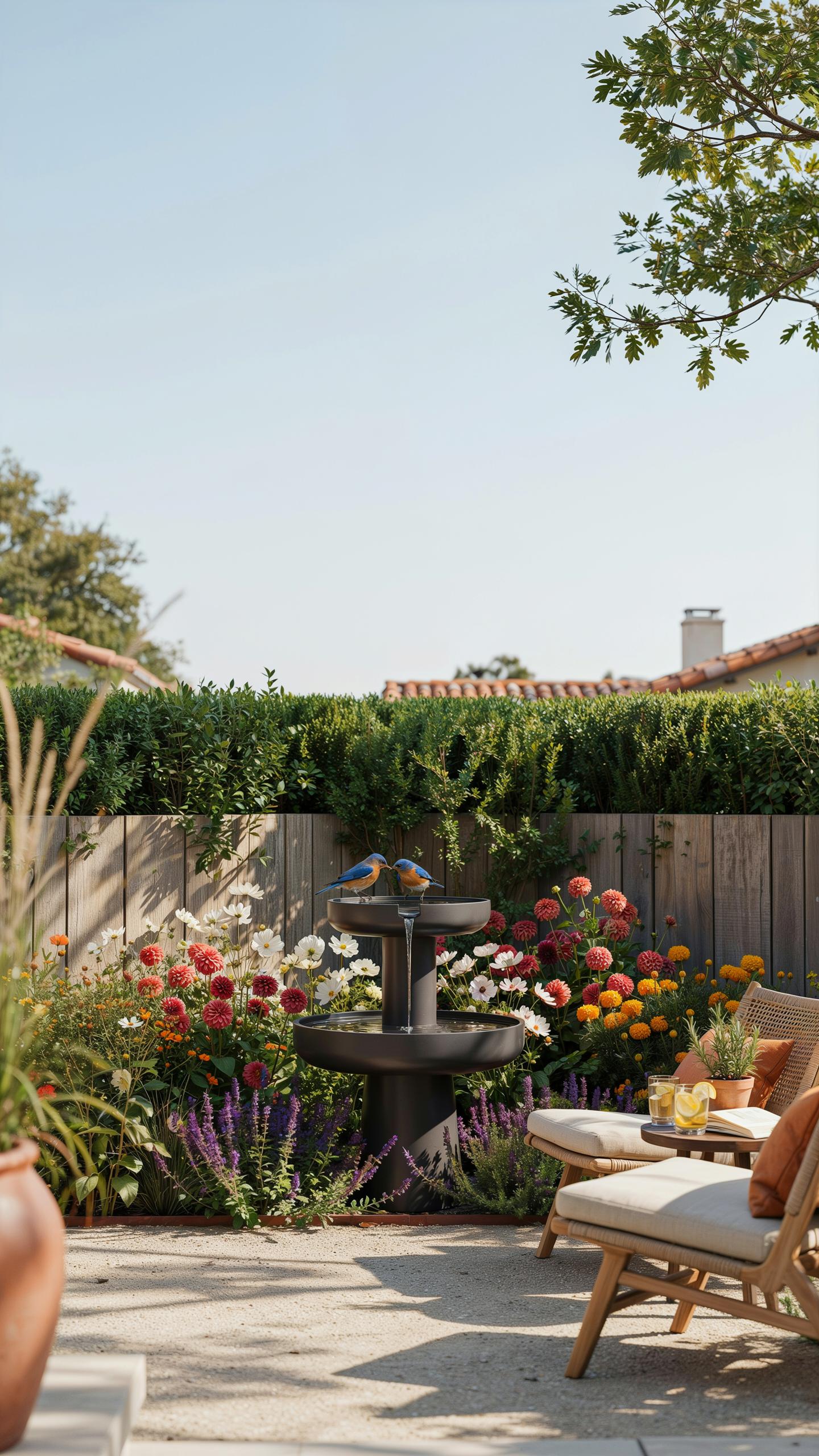 A serene backyard patio features a tiered water fountain surrounded by colorful flowers, two wicker chairs with cushions, and a stone-paved ground.