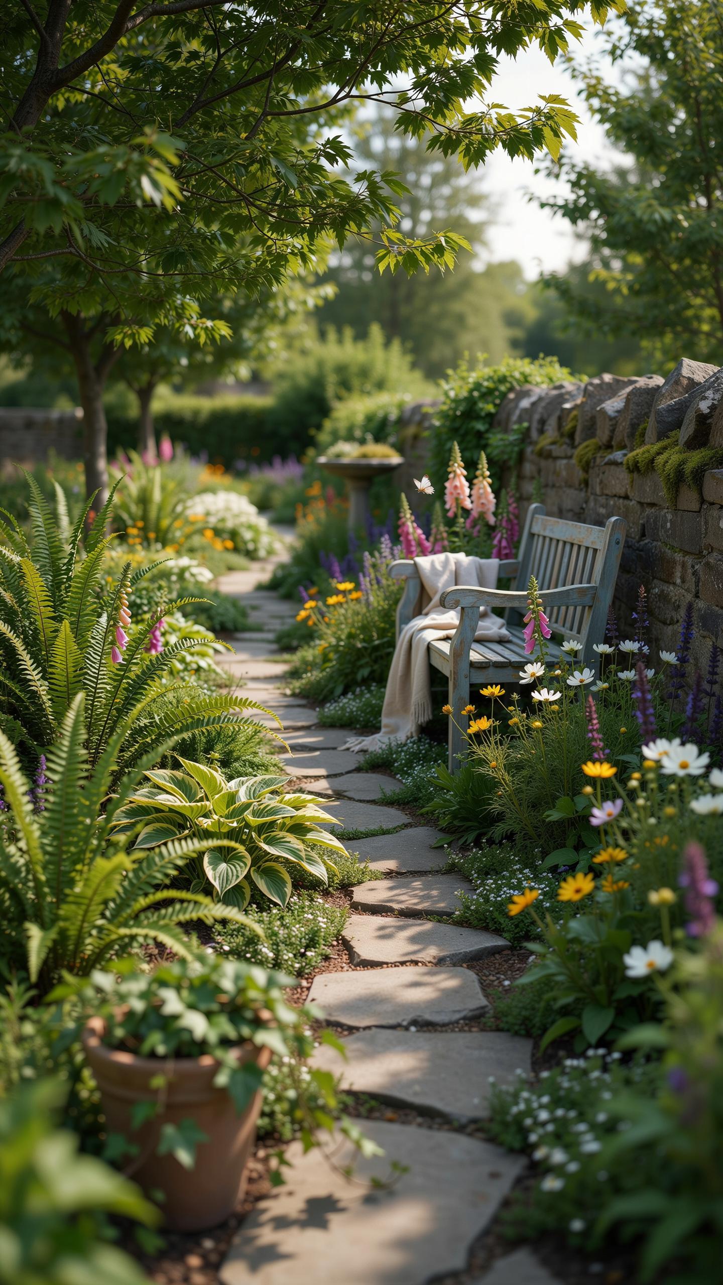 A narrow, winding stone path leads through a lush, verdant garden with a wooden bench nestled against a low stone wall under the dappled sunlight.