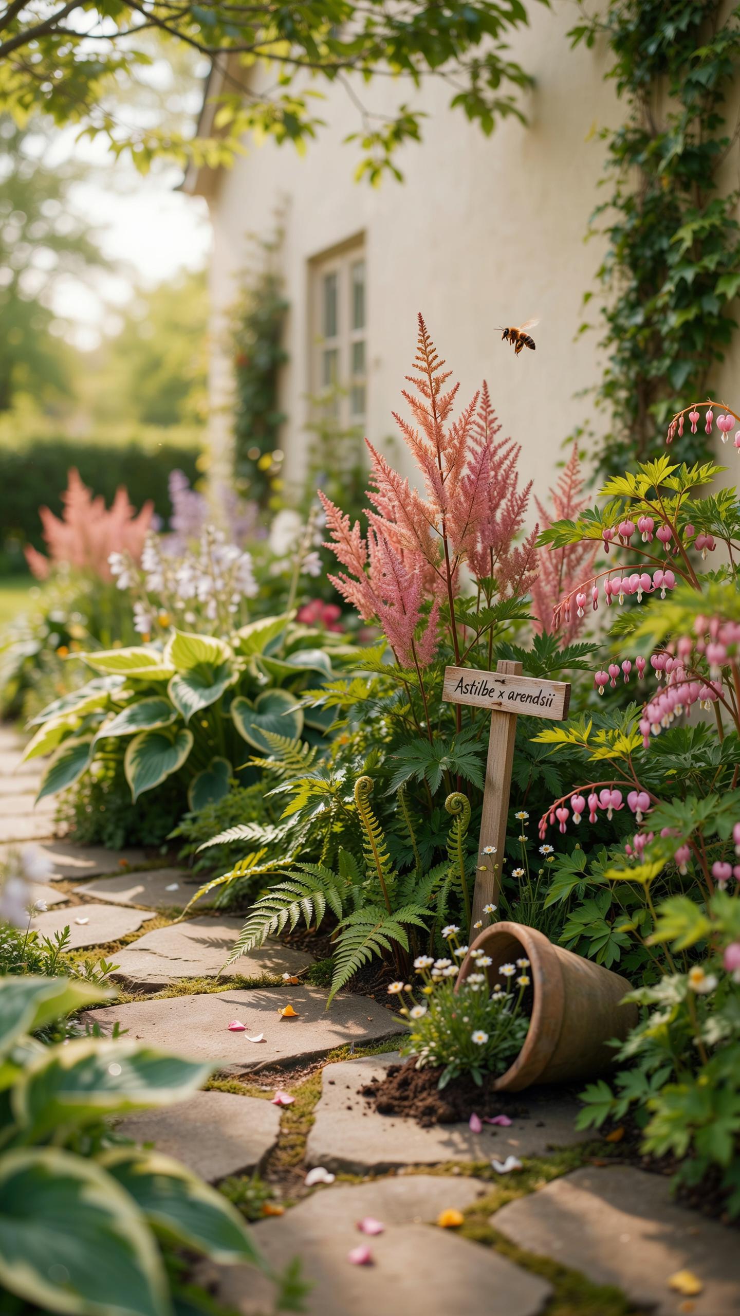 A stone pathway leads past a lush garden filled with pink astilbe, hostas, ferns, and bleeding hearts next to a white house, with a terracotta pot spi