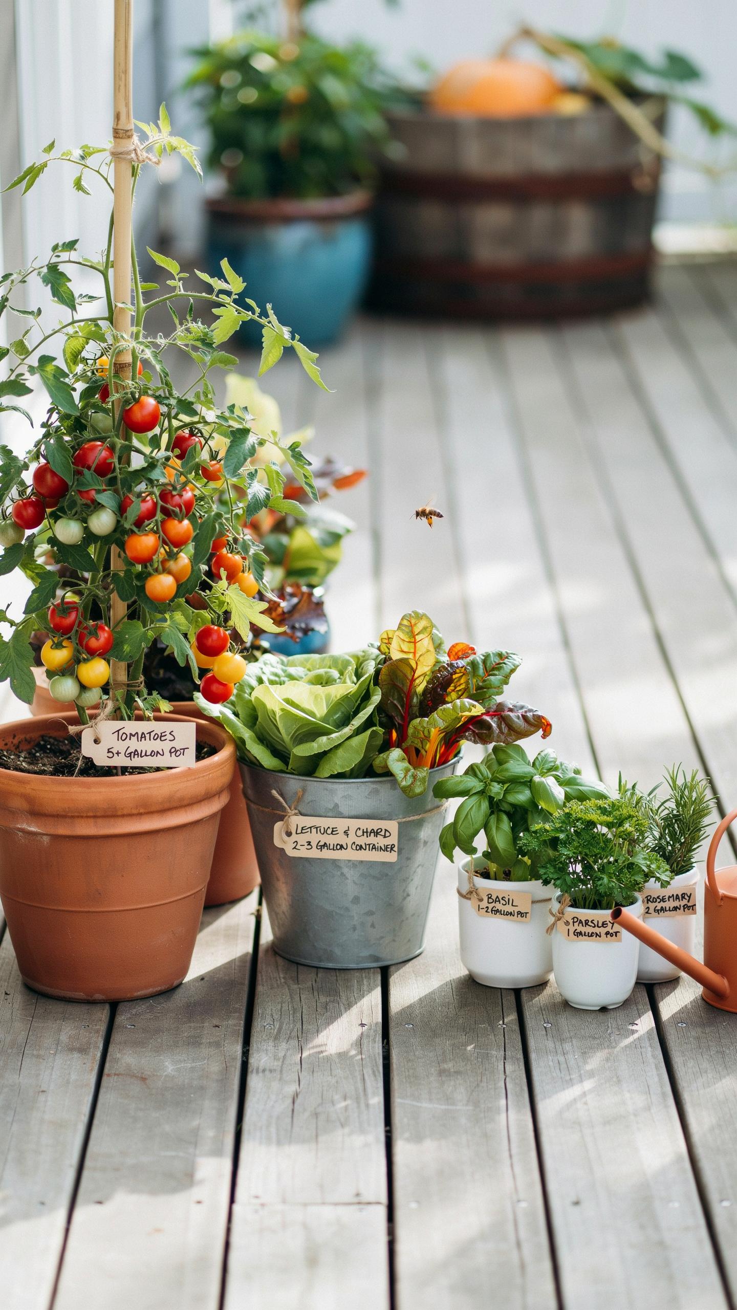 A close-up shot of several potted plants on a wooden deck, including a tall tomato plant laden with red and orange cherry tomatoes, a gray metal bucke