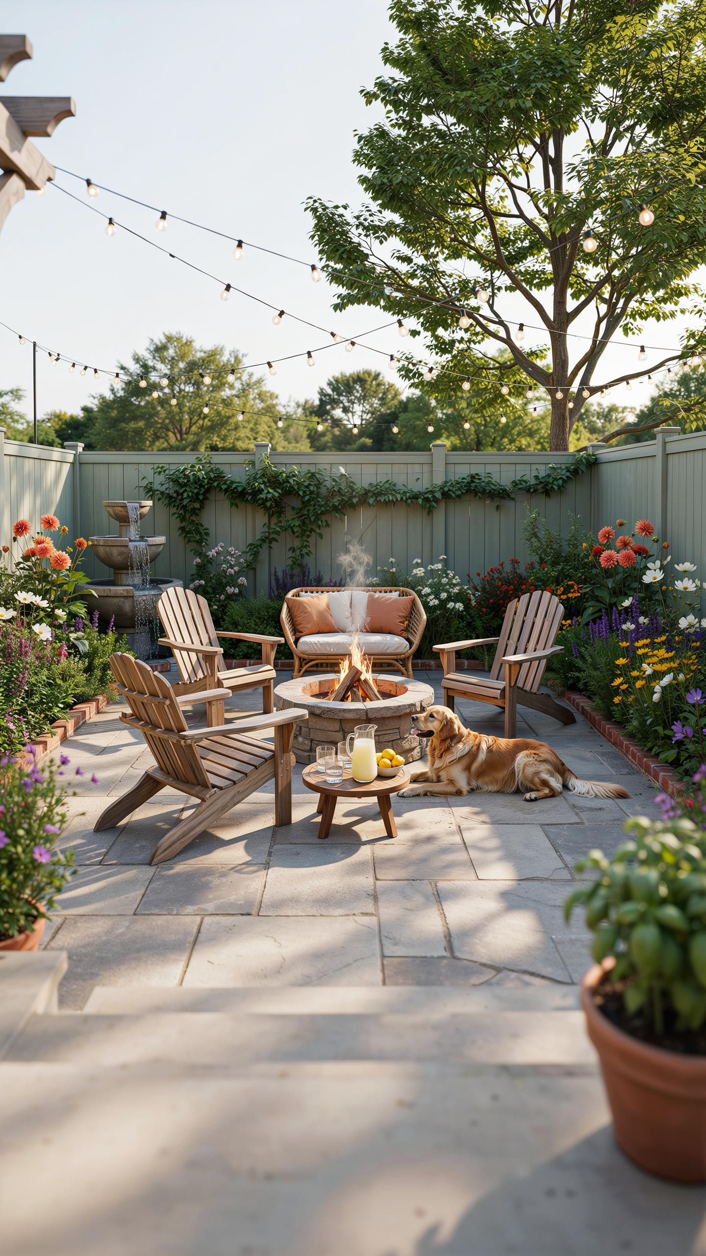 A golden retriever lies beside a round fire pit surrounded by light wooden Adirondack chairs and a loveseat on a grey paver patio, with string lights