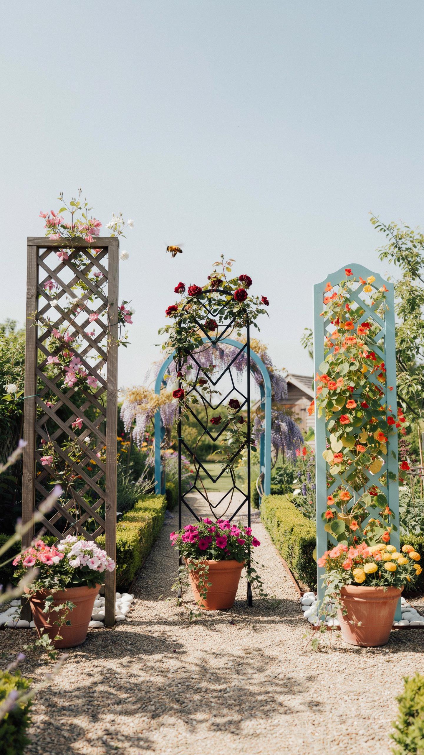 Three trellises stand tall in a sunny garden, adorned with climbing flowers and flanked by potted blooms, leading down a gravel path between manicured