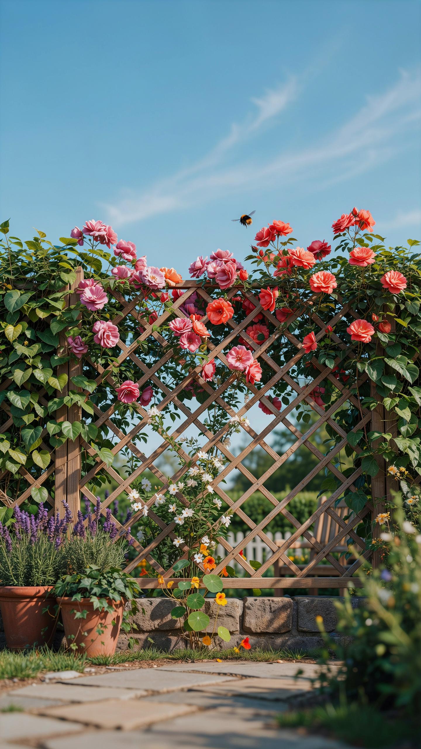 A vibrant garden path leads to a wooden trellis archway covered with climbing pink and orange roses and green leafy vines under a bright blue sky.