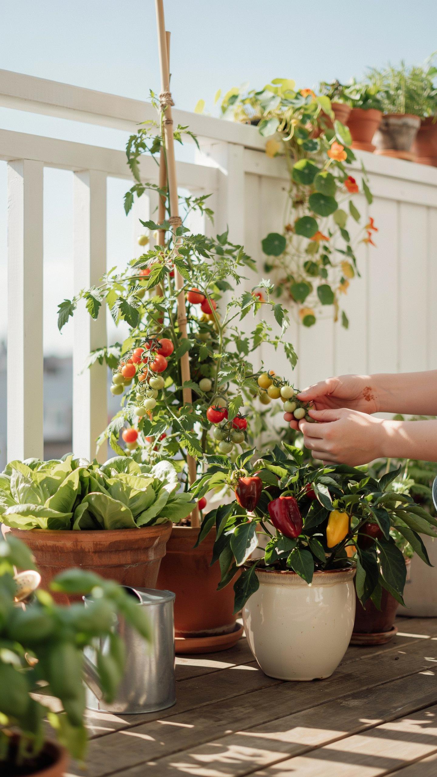 A person's hands are seen harvesting cherry tomatoes from a tall plant on a sunlit balcony garden, surrounded by various potted herbs, vegetables, and