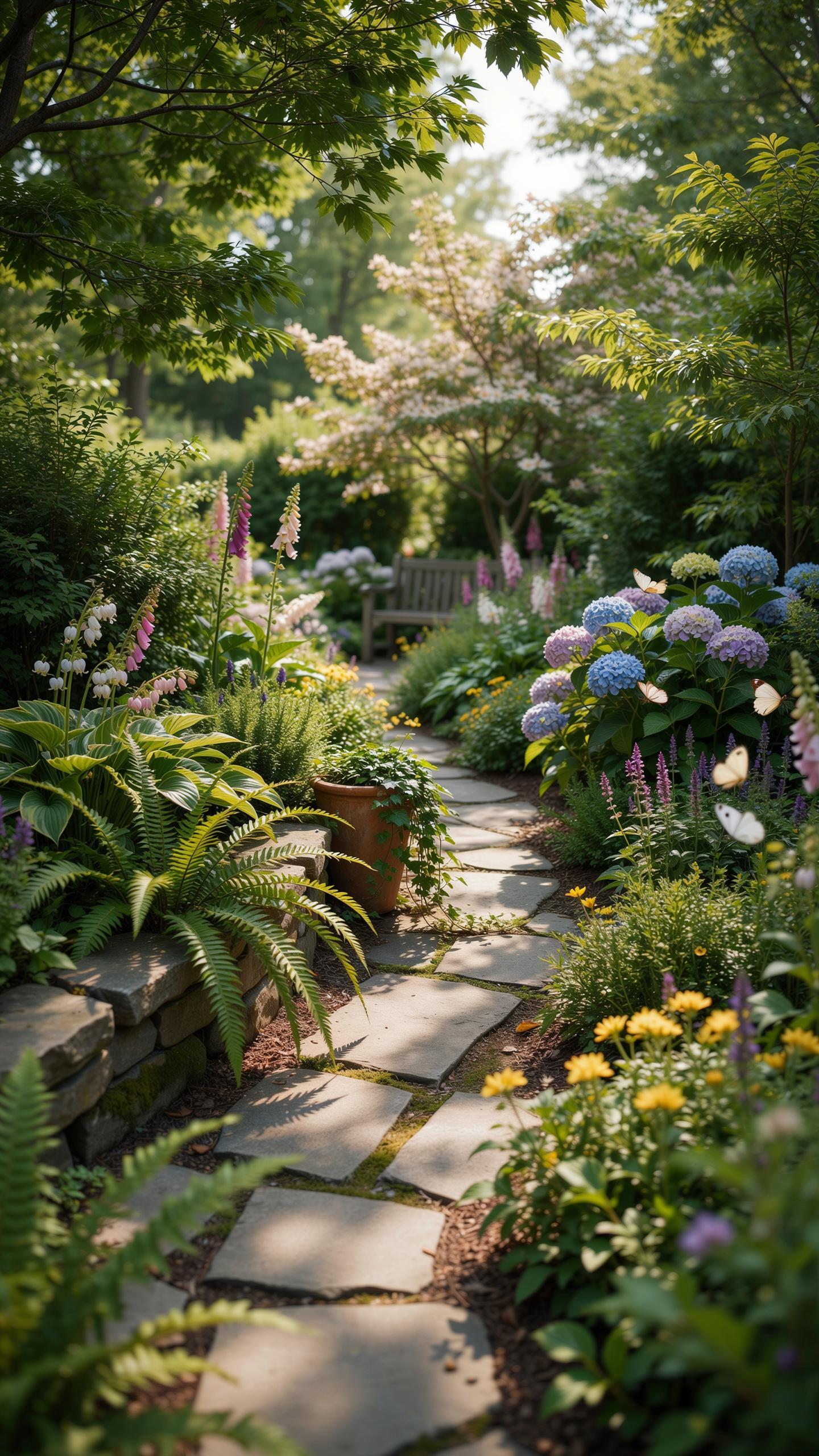 A sun-dappled stone path winds through a lush, vibrant garden filled with green foliage, colorful flowers like hydrangeas and lupines, and a wooden be