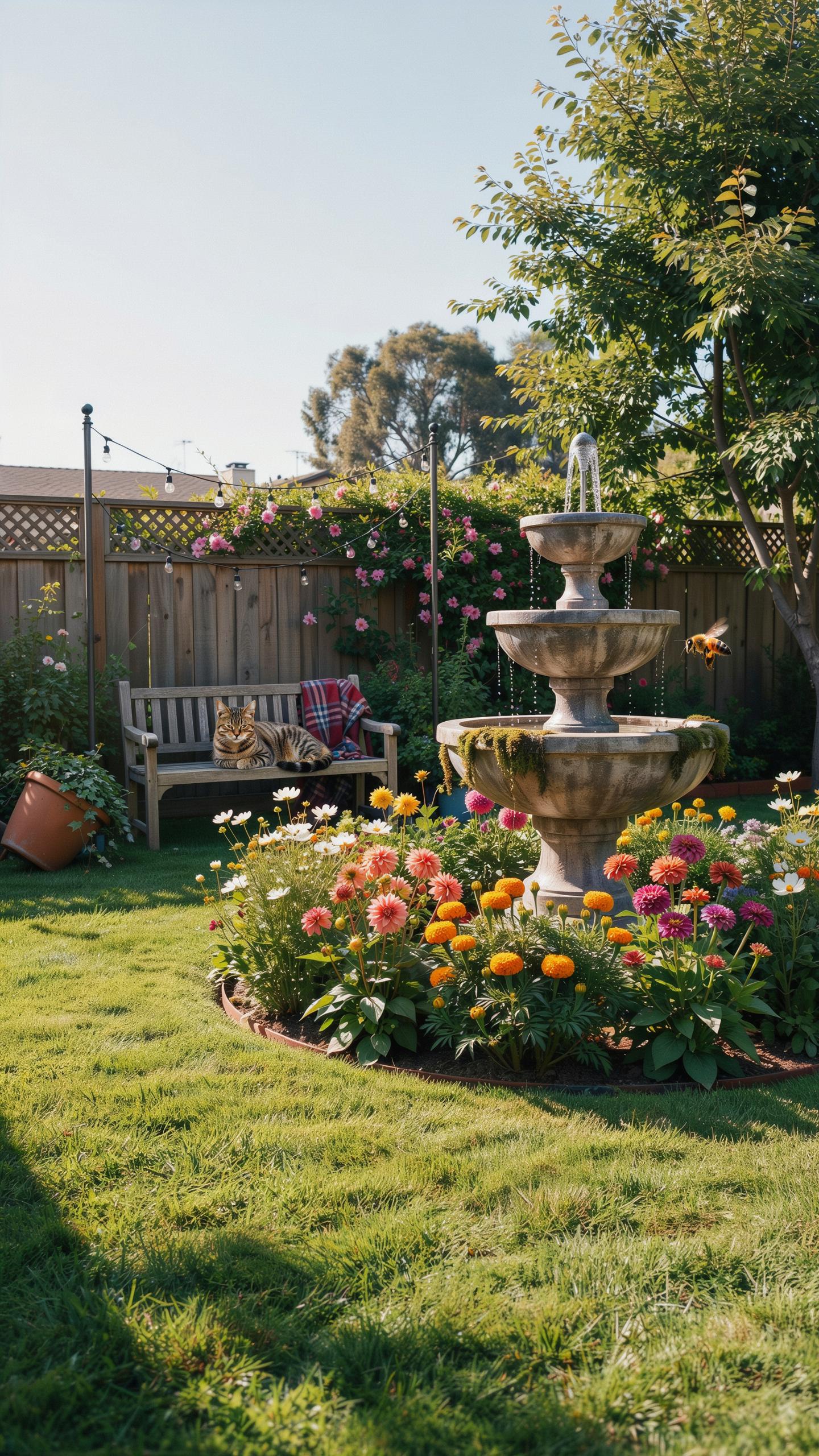 A golden dog lies on a wooden bench in a sunny backyard garden, with a three-tiered stone fountain surrounded by colorful flowers in the foreground an