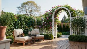A sunlit backyard patio features a light wood deck with two cream-colored outdoor lounge chairs and a small round table, facing a white arched trellis