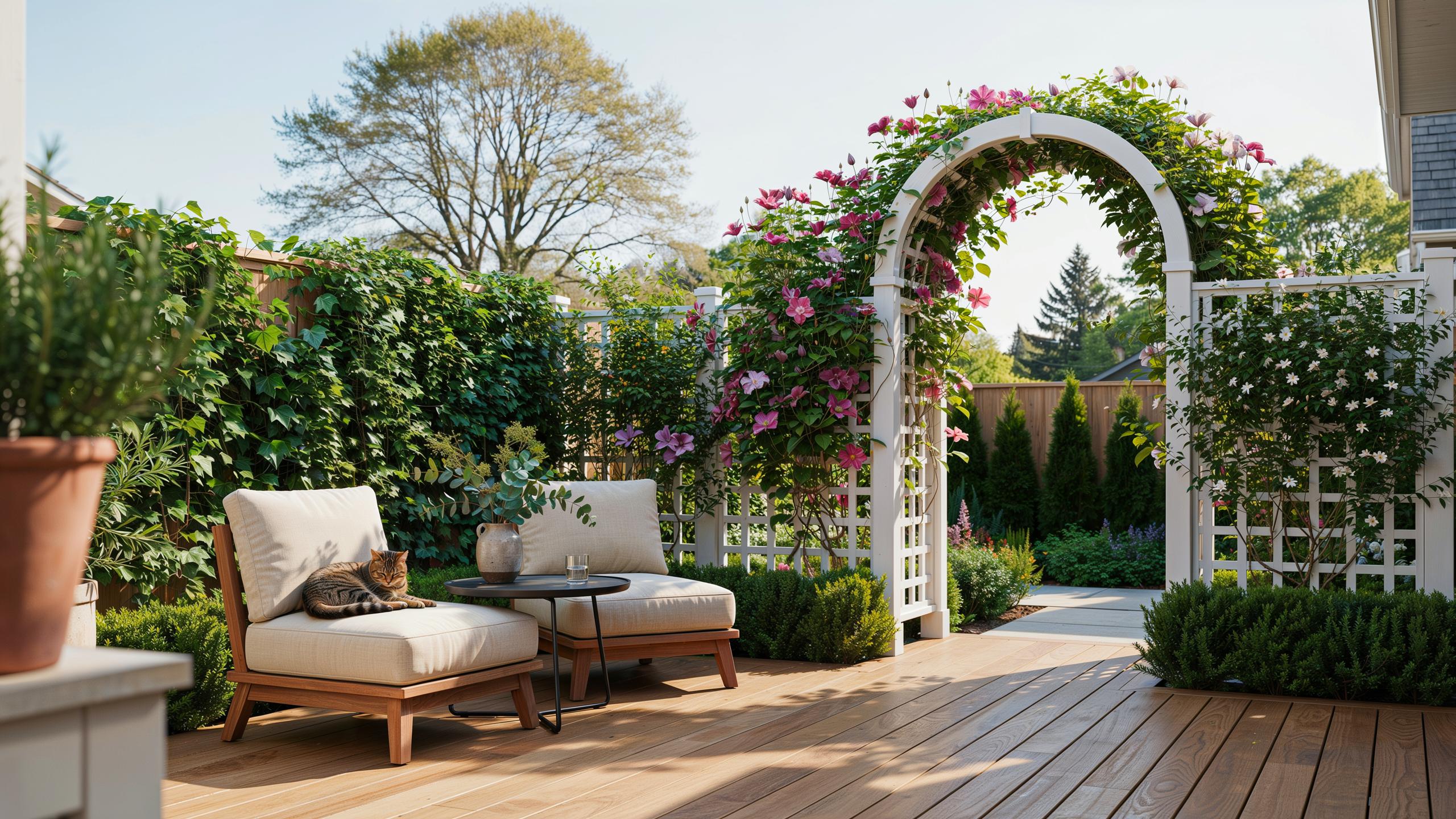 A sunlit backyard patio features a light wood deck with two cream-colored outdoor lounge chairs and a small round table, facing a white arched trellis