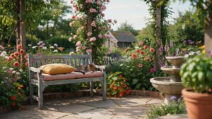A tabby cat rests on a light pink cushion and yellow pillow on a weathered gray wooden garden bench in a vibrant, sunlit English garden with a stone f