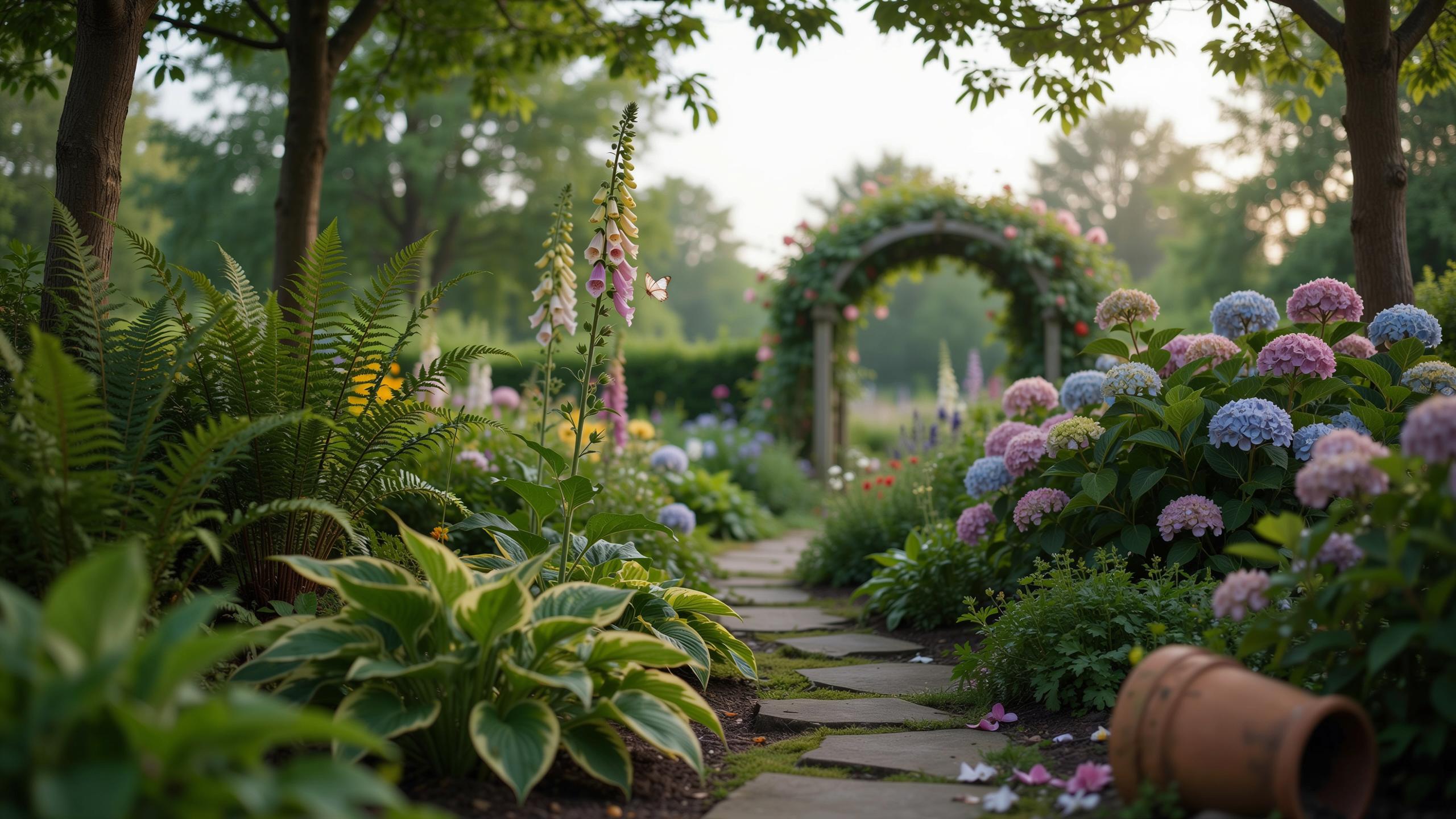 A lush, green garden path meanders through blooming hydrangeas, ferns, and hostas, leading to a distant arched trellis covered in greenery.