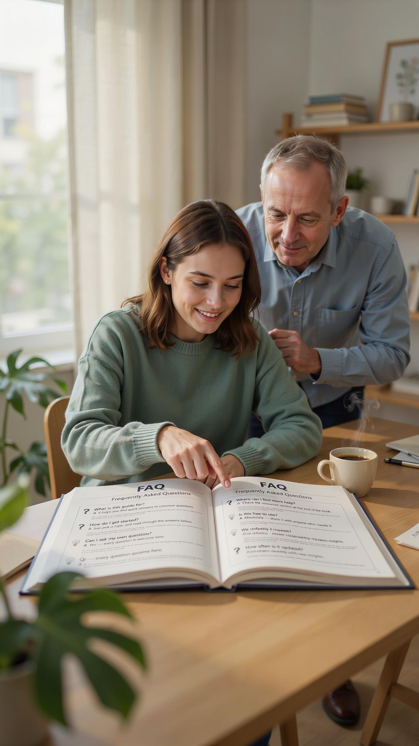 A young woman with brown hair, wearing a green sweater, points at an open book labeled 'FAQ' on a wooden table, while an older man with gray hair and