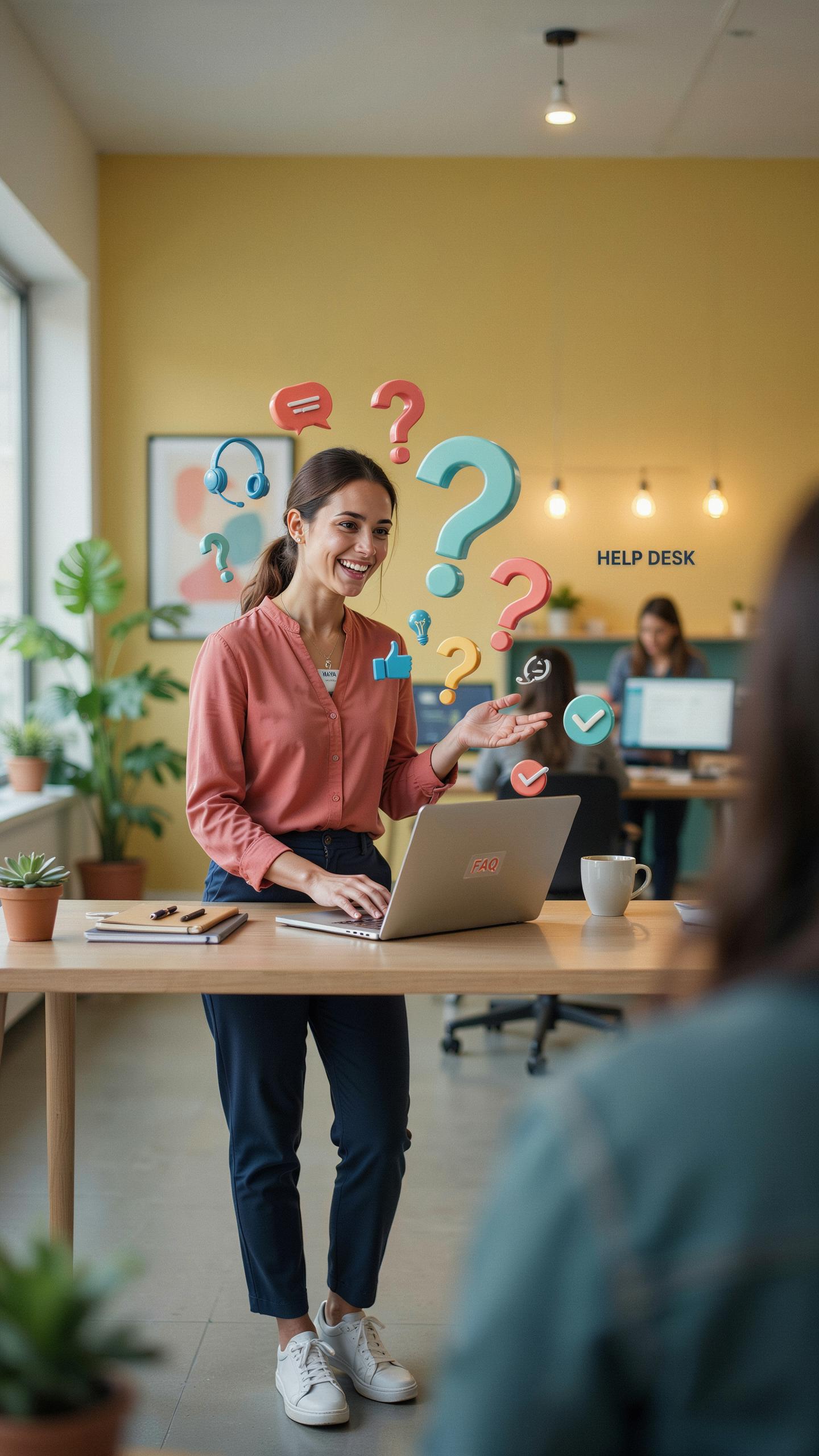 A smiling young woman in a modern office stands at a wooden desk with a laptop, gesturing towards floating 3D question marks and social media icons wh