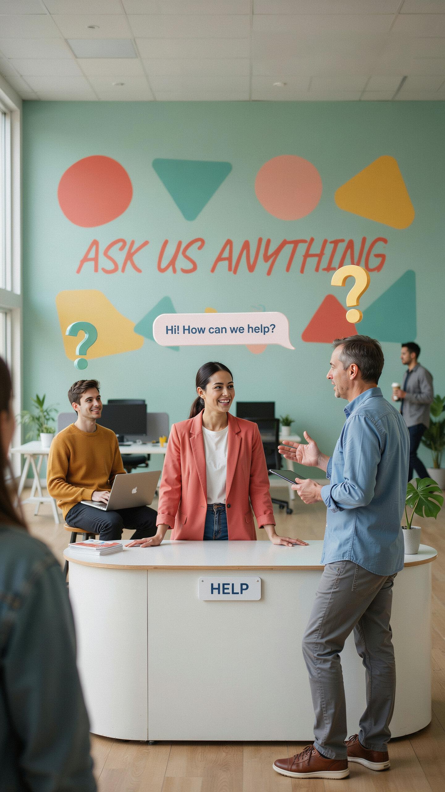 A brightly lit office help desk with three employees assisting customers. One woman stands behind the counter talking to a man, while another man sits
