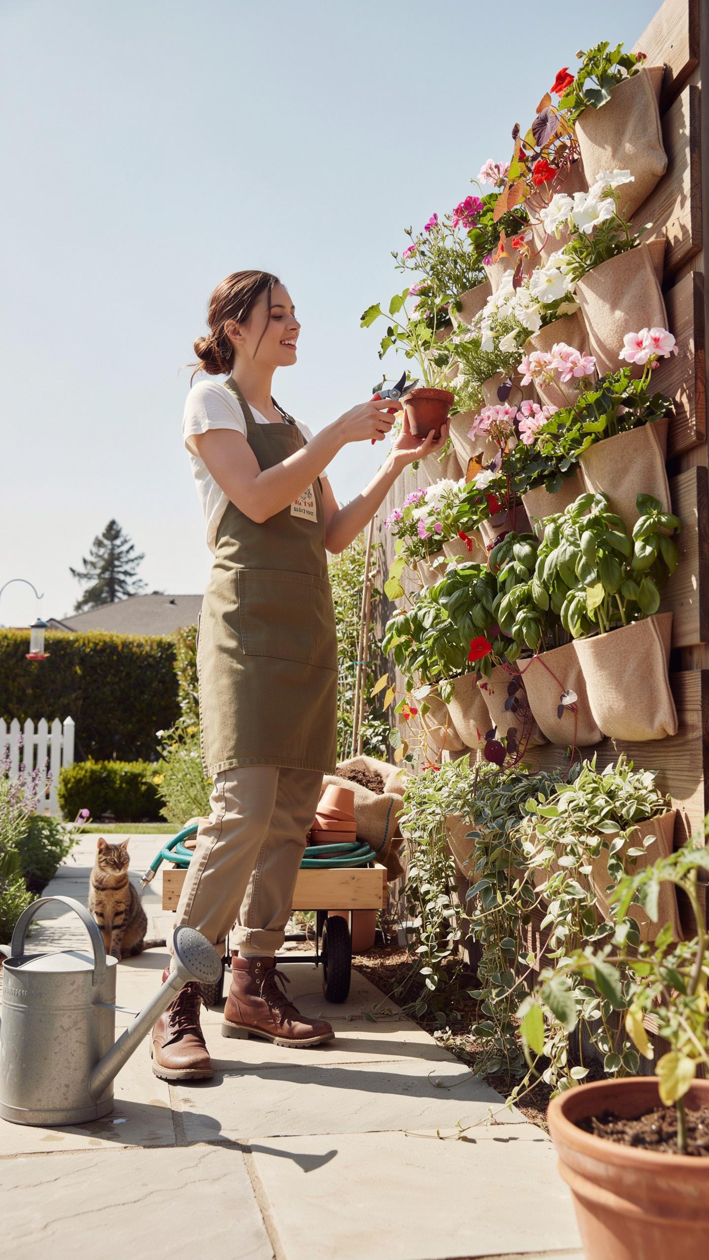 A young woman with light brown hair tied back, wearing a green apron over a white shirt and brown pants, stands outdoors in front of a vertical garden
