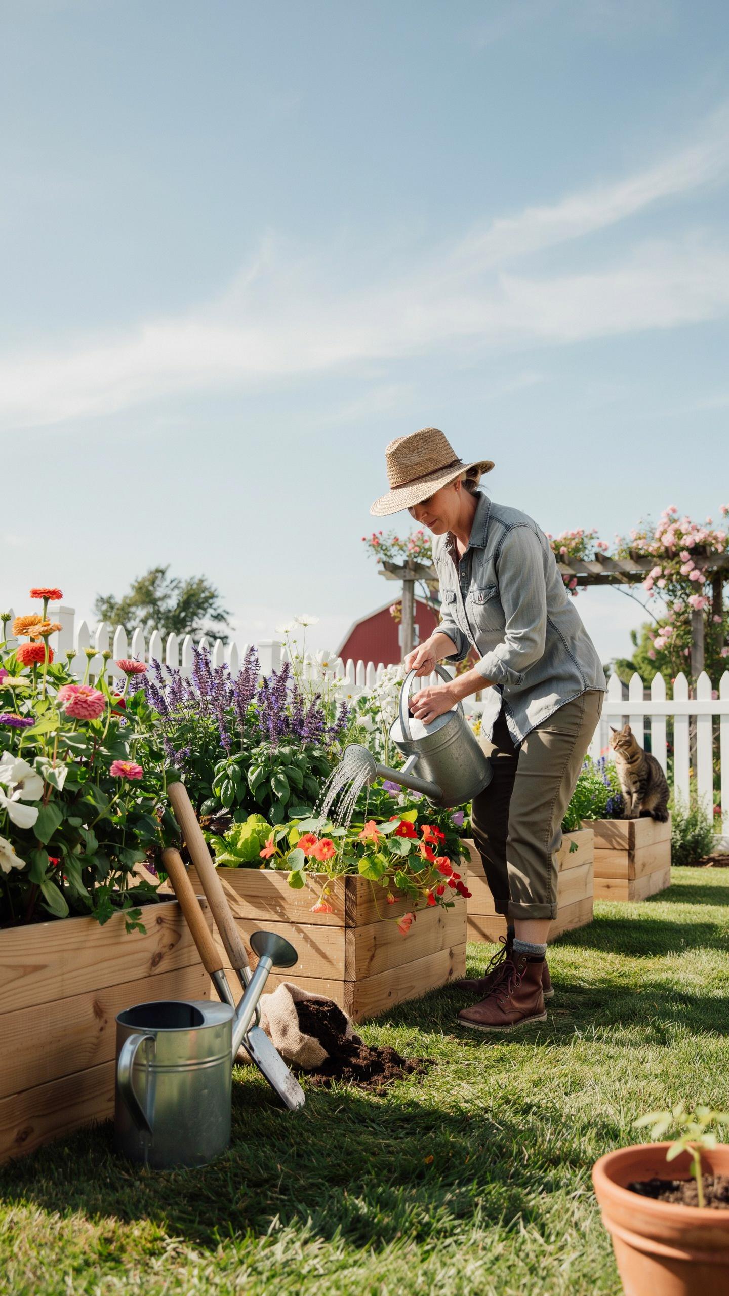 A woman in a straw hat and gardening attire waters colorful flowers in raised wooden garden beds on a sunny day, with a white picket fence and barn in