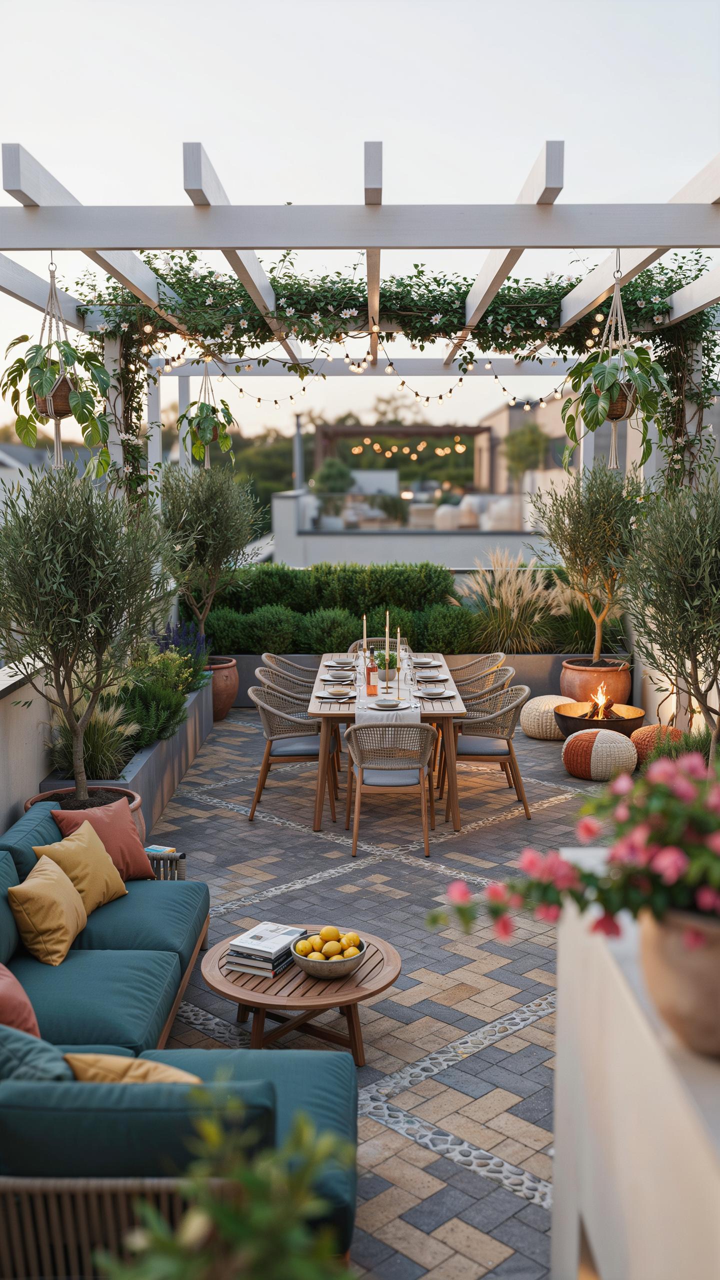 A stylish rooftop patio features a wooden pergola draped with greenery and string lights. Below, a long dining table is set with chairs, surrounded by