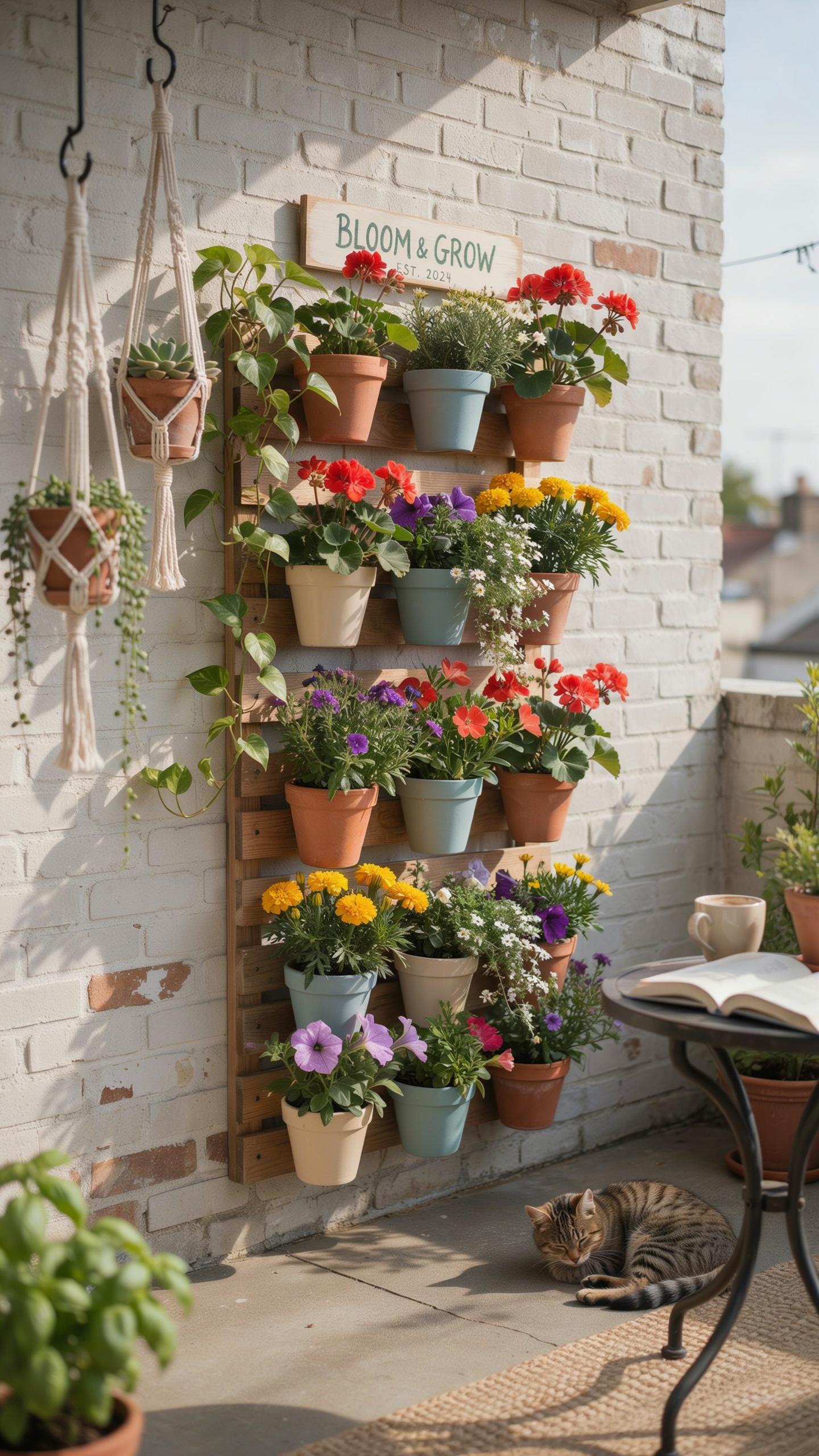 A cozy outdoor balcony features a vertical garden with numerous colorful potted flowers on a brick wall, hanging macrame planters, a small table with