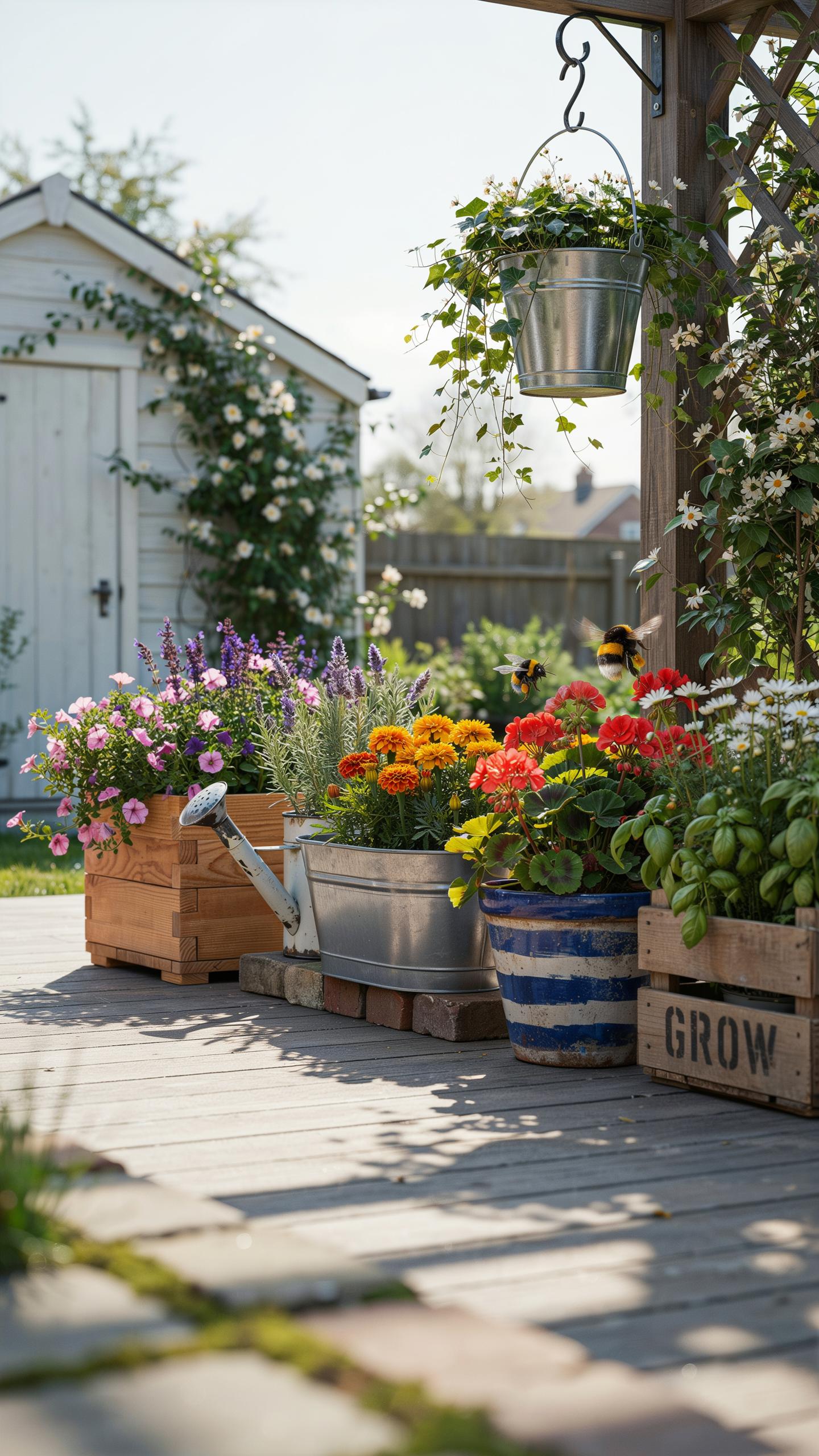 A rustic garden scene features various potted flowers and herbs on a wooden deck, with a white shed and climbing roses in the background.